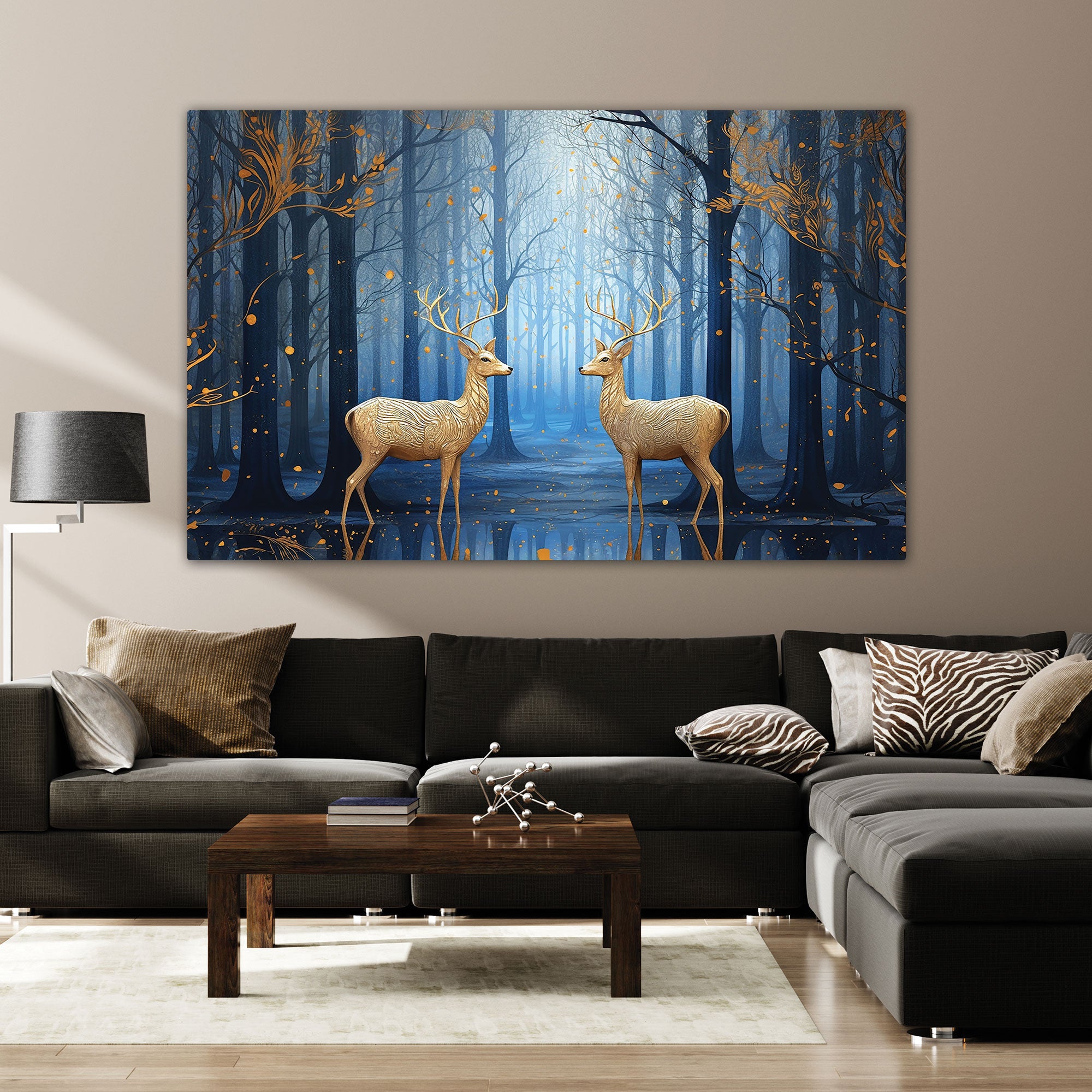 Golden deers Canvas painting with frame Big Size Wall Art for living room,Bedroom,Drawing room,Hotels