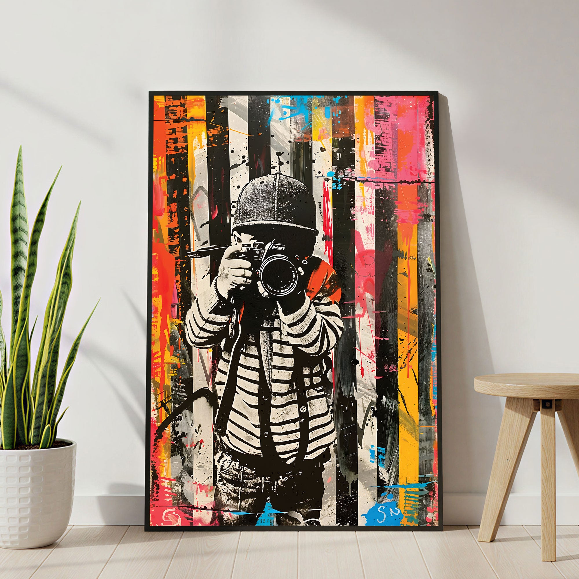 The Castle Decor Urban Photographer Street Art Wall Art – Modern Camera Artwork with Abstract Graffiti Background, Premium Sparkle Finish, 20×30 Inch Studio Wall Décor