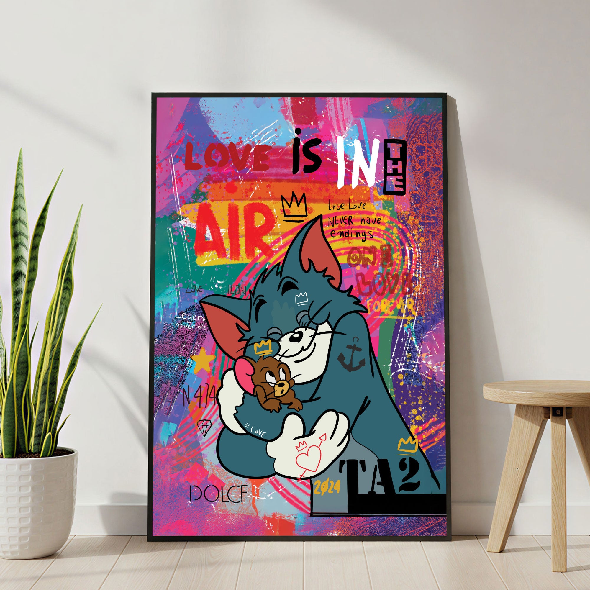 The Castle Decor Tom and Jerry Street Art Wall Painting, Cartoon Graffiti Love Artwork with Premium Sparkle Finish, 20×30 Inch Wall Décor for Kids Room & Studio
