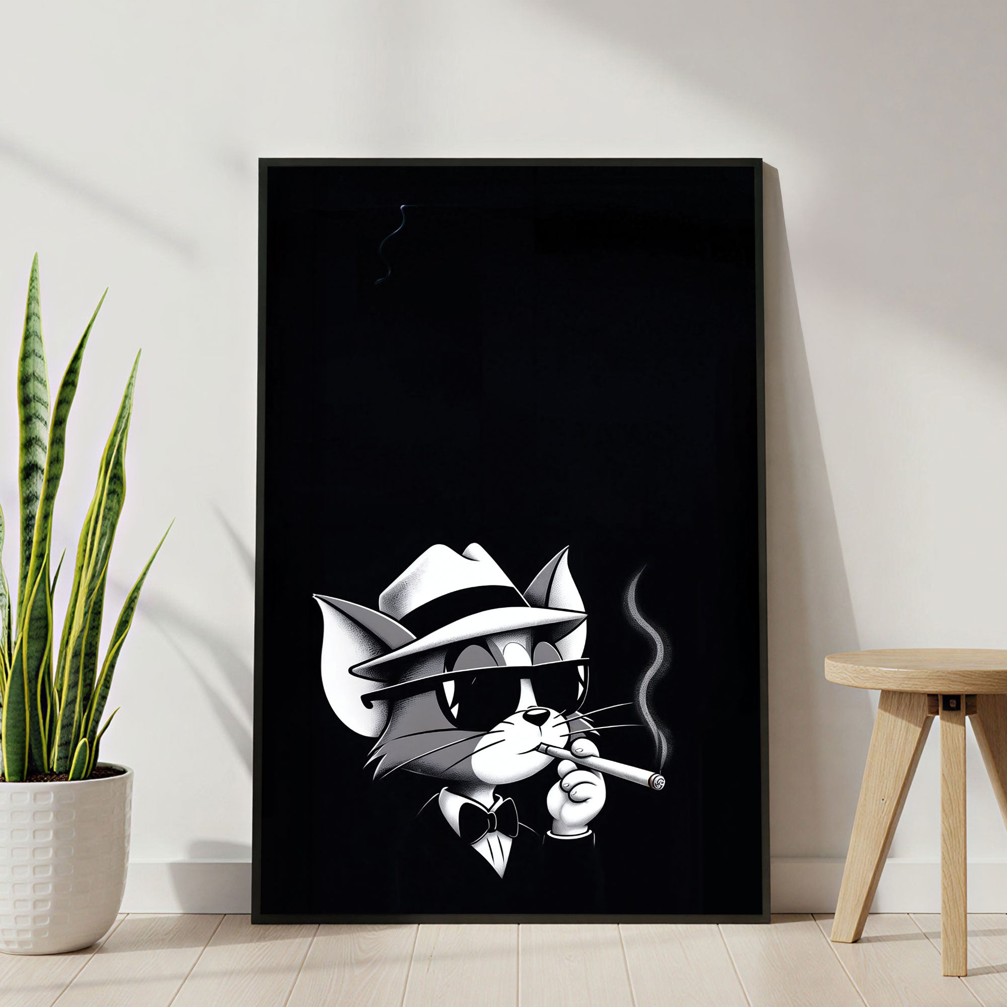 The Castle Decor Vintage Cartoon Mafia Cat Wall Art, Classic Black & White Gangster Style Artwork with Premium Sparkle Finish, 20×30 Inch Wall Décor for Man Cave