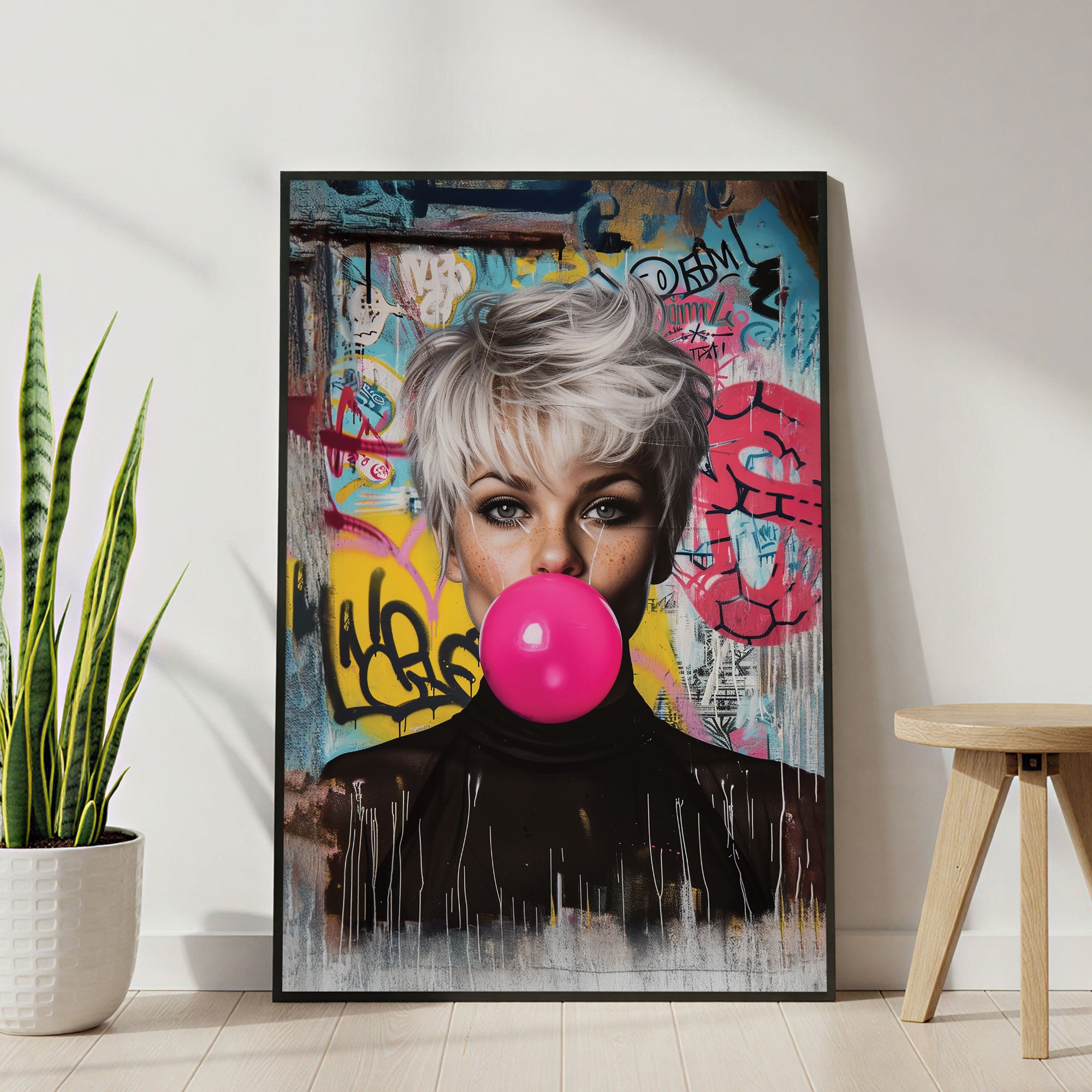 The Castle Decor Modern Pop Art Girl Wall Poster, Bubblegum Street Style Portrait Artwork with Premium Sparkle Finish, 20×30 Inch Wall Décor for Studio & Living Room