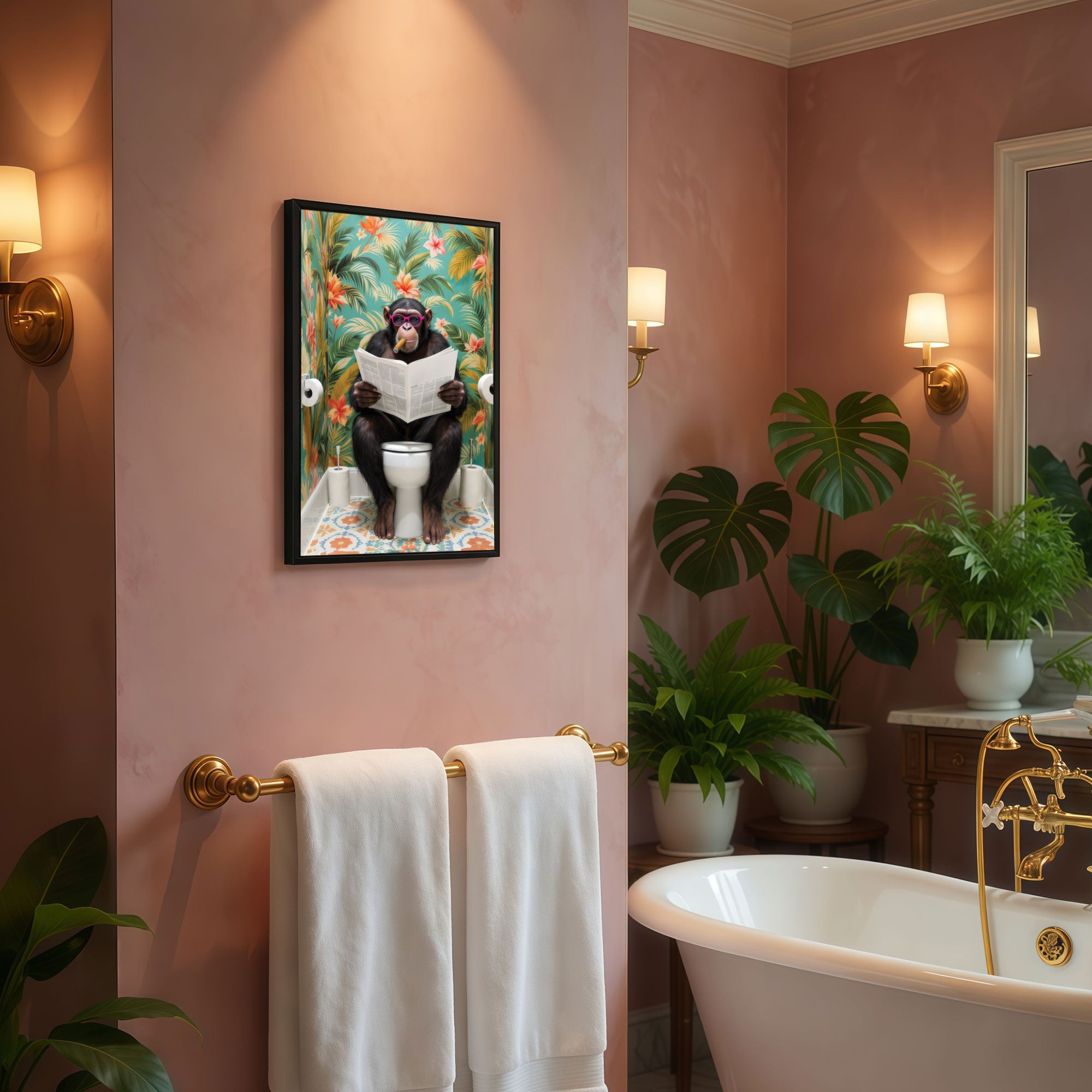 The Castle Decor Funny Chimpanzee Reading Newspaper on Toilet Framed Wall Art – Cool Monkey with Sunglasses Smoking Cigar in Bathroom Framed Poster, Tropical Jungle Restroom Decor