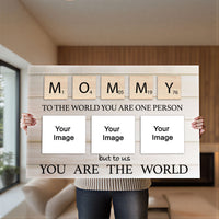 Customizable Mommy Photo Frame Wall Art, Scrabble Letter Design with 3 Photo Slots, You Are The World Quote, 36x24 Inch, Personalized Mother's Day Gift