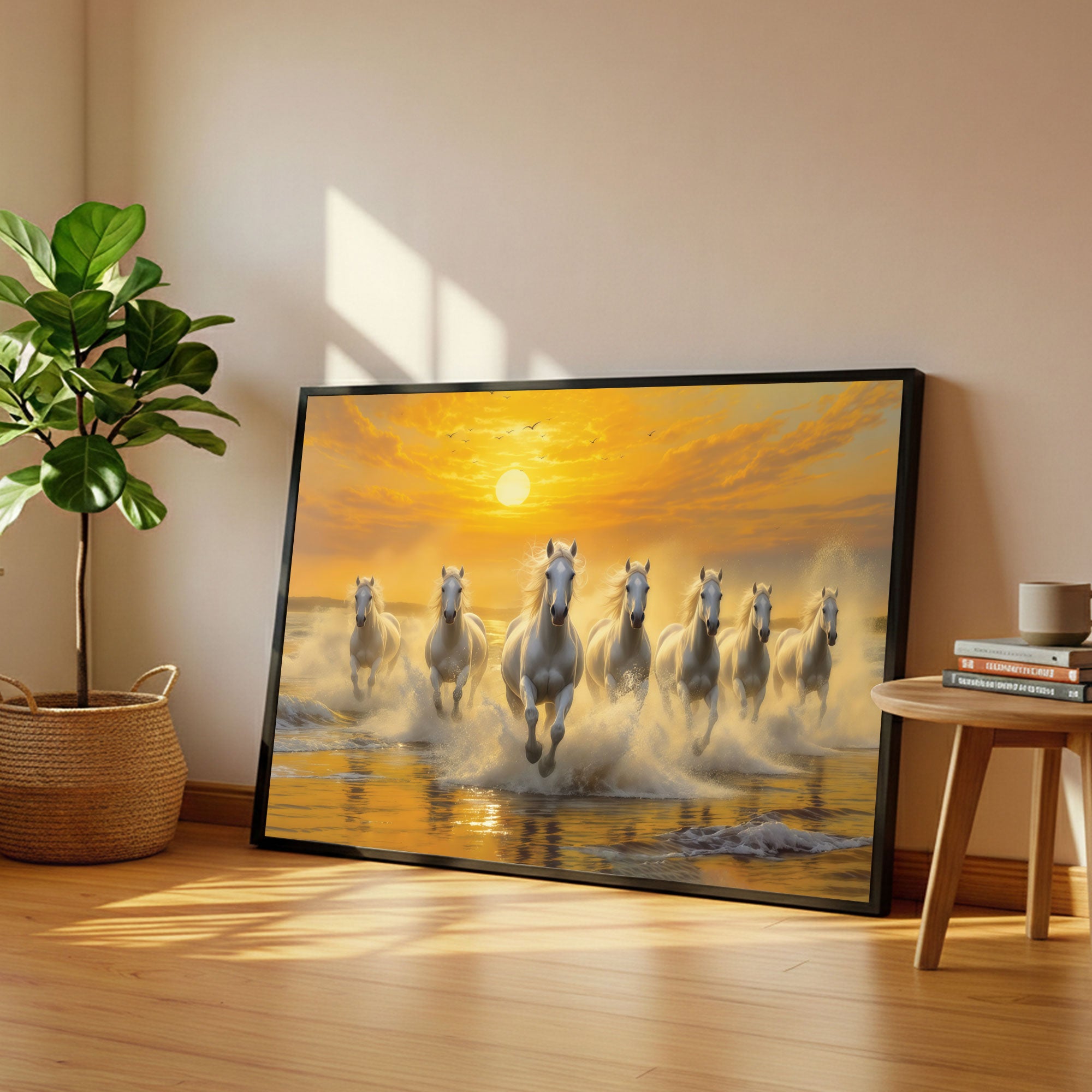 The Castle Decor 7 Running White Horses Wall Painting, Sunrise Sunset Theme, Vastu Wall Art for Living Room, Office, Bedroom Decor 20X30  inch -1002