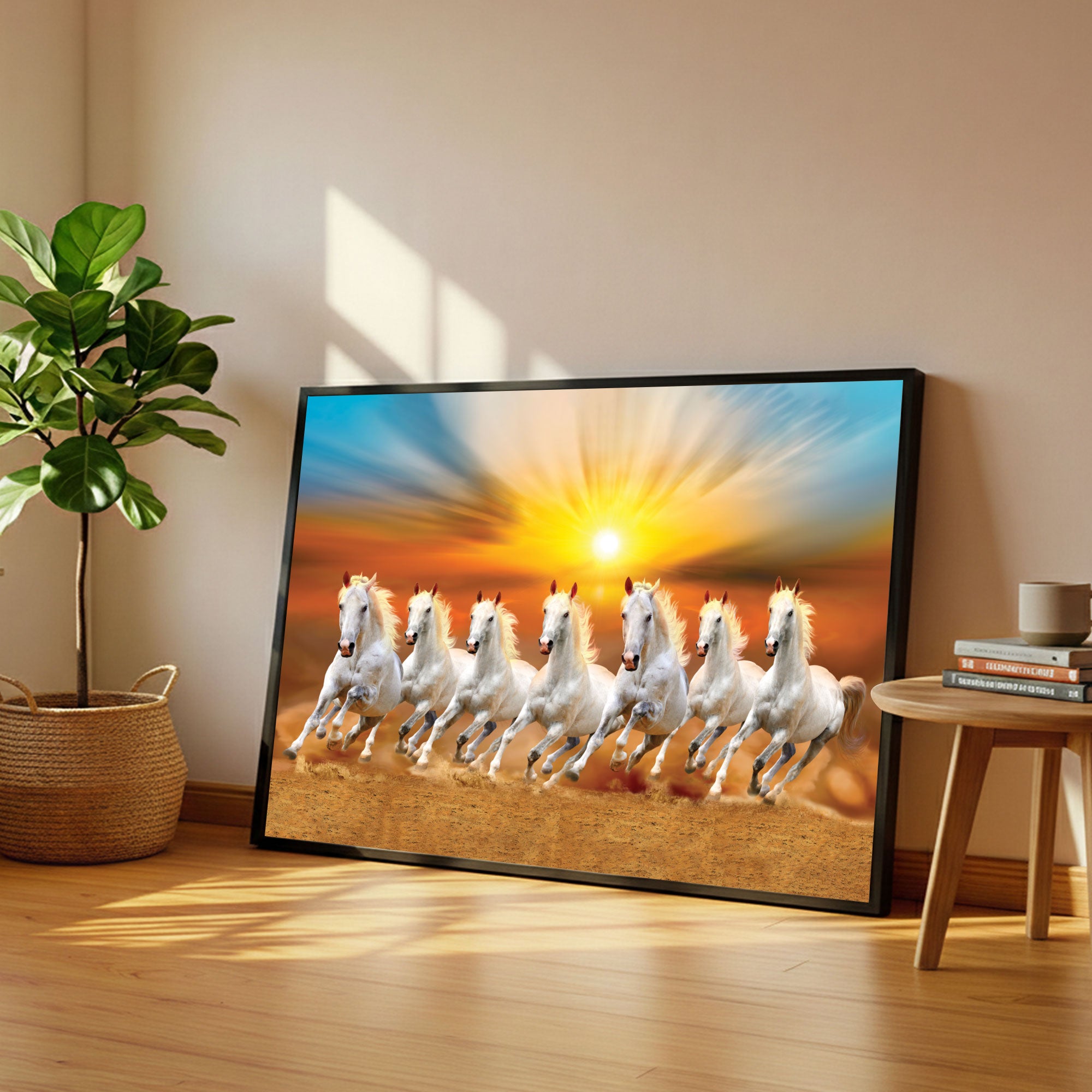 The Castle Decor 7 Running White Horses Wall Painting, Sunrise Sunset Theme, Vastu Wall Art for Living Room, Office, Bedroom Decor 20X30  inch -1005