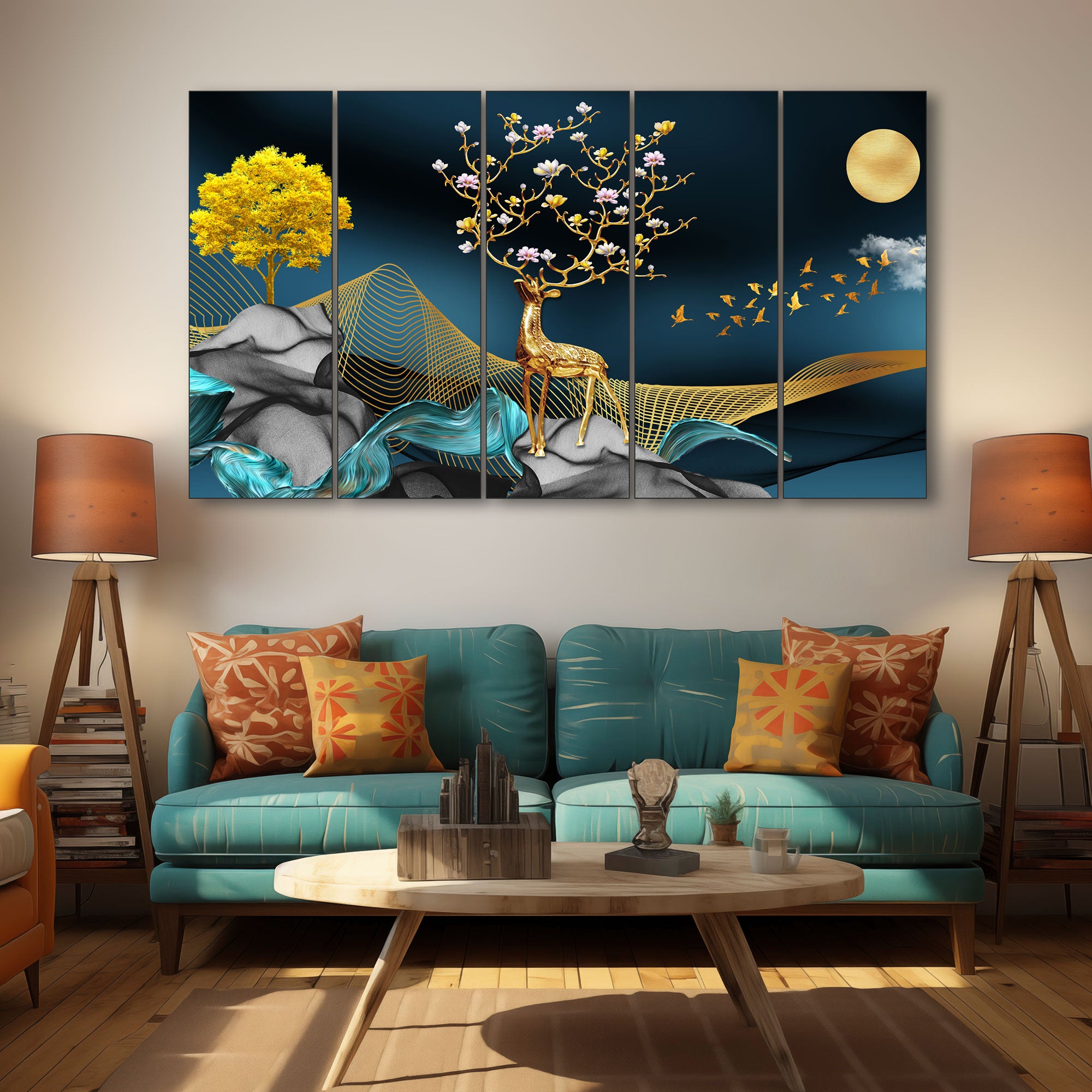 Golden Deer Painting with frame Big Size Wall Art for living room,Bedroom,Drawing room,Hotels 36x60"