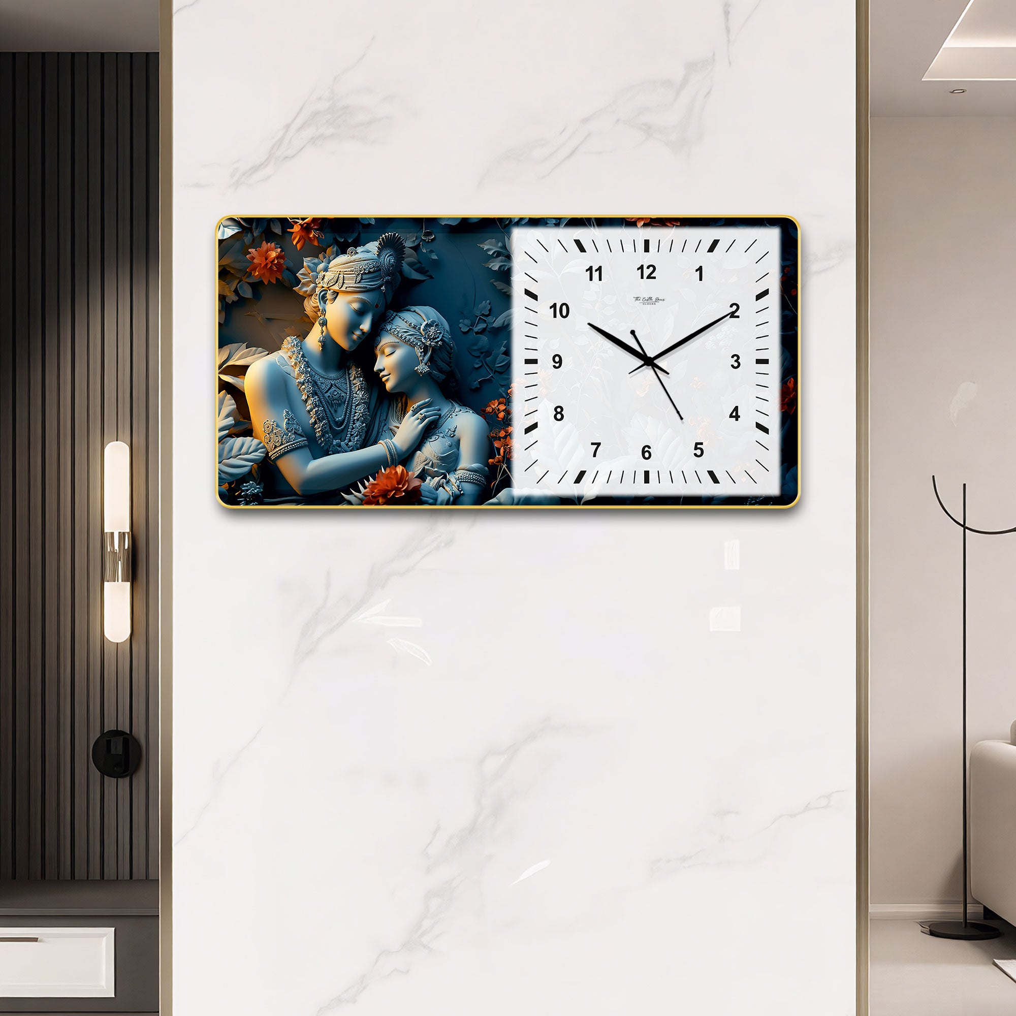 The Castle Decor Radha Krishna Decorative Wall Clock 24x12 Inch, Silent Sweep Non-Ticking Modern Wall Clock with Golden Slim Frame