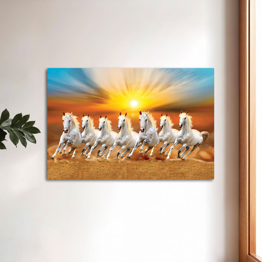 The Castle Decor 7 Running White Horses Wall Painting, Sunrise Sunset Theme, Vastu Wall Art for Living Room, Office, Bedroom Decor 16x24 1005