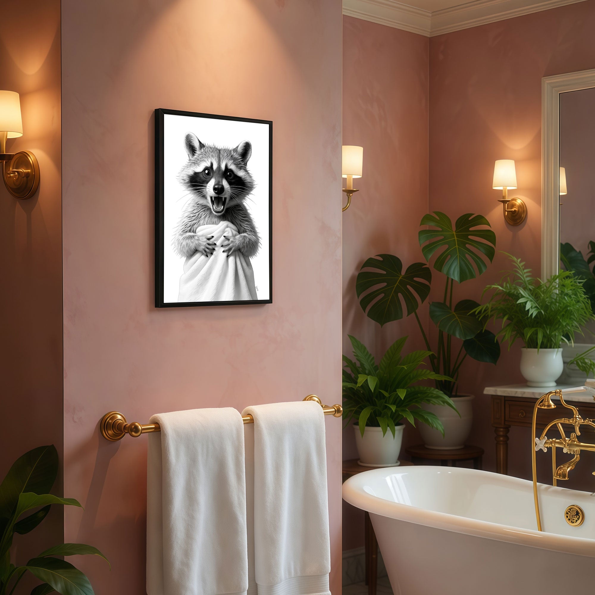 The Castle Decor Funny Highland Cow taking a Shower Framed Wall Art – Cute Fluffy Bull in Bathtub under Shower Head Framed Poster, Rustic Farmhouse Bathroom Decor