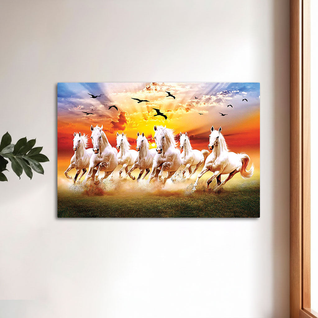 The Castle Decor 7 Running White Horses Wall Painting, Sunrise Sunset Theme, Vastu Wall Art for Living Room, Office, Bedroom Decor 16x24 1003