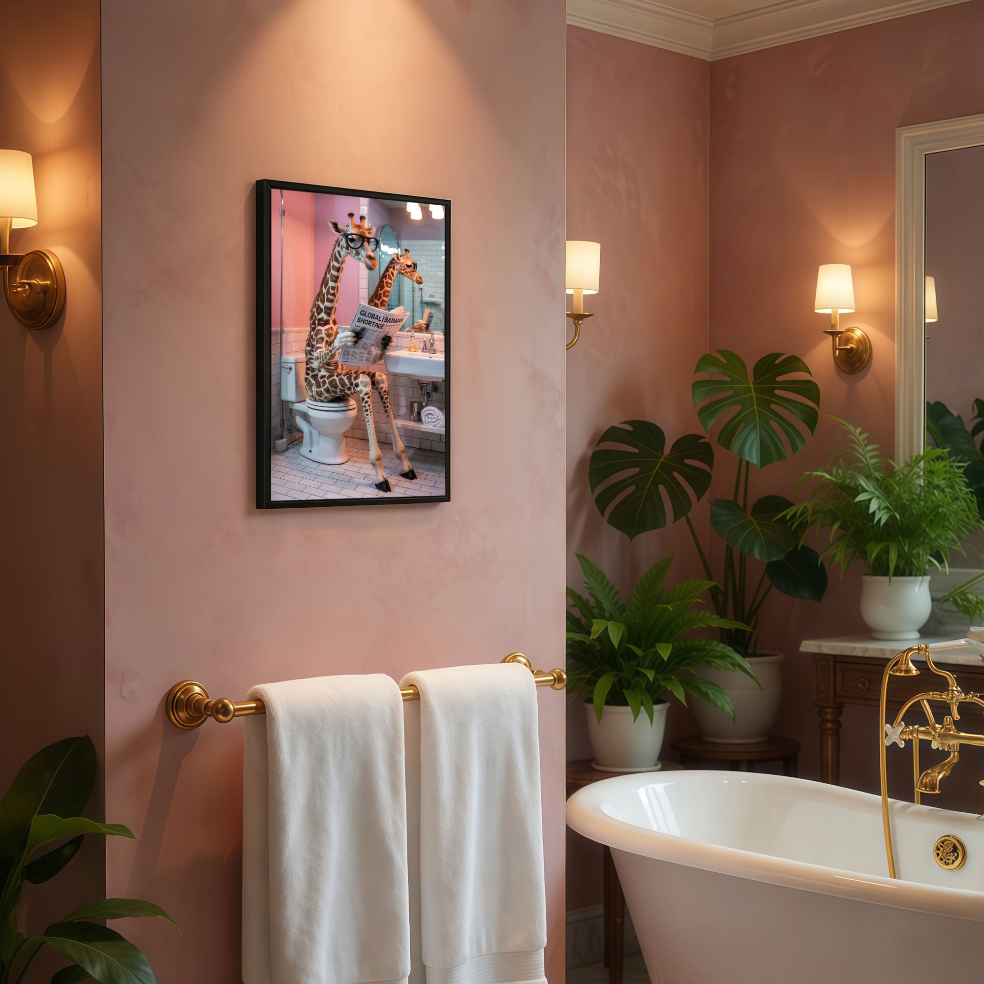 The Castle Decor Quirky Giraffe on Toilet Reading Newspaper Framed Wall Art – Funny Safari Animal in Pink Bathroom Framed Poster, Modern Humorous Restroom Wall Decor