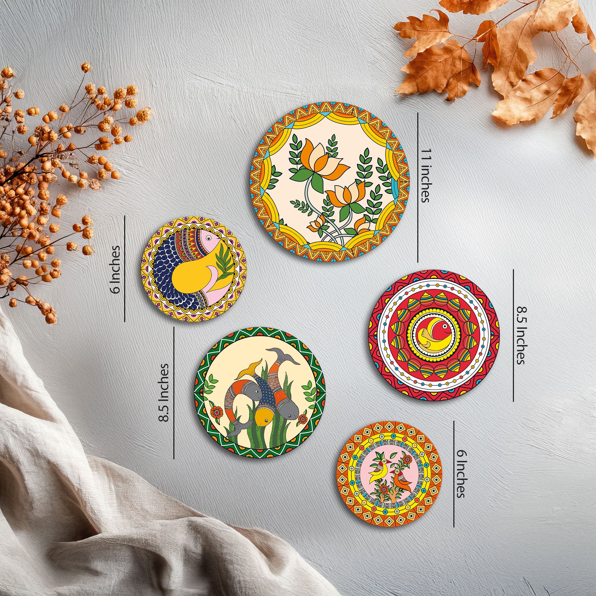 The Castle Decor Madhubani Wall Plates Set of 5- Traditional Indian Folk Art Decorative Plates for Living Room, Bedroom,Office,Home Decoration & Gift for All