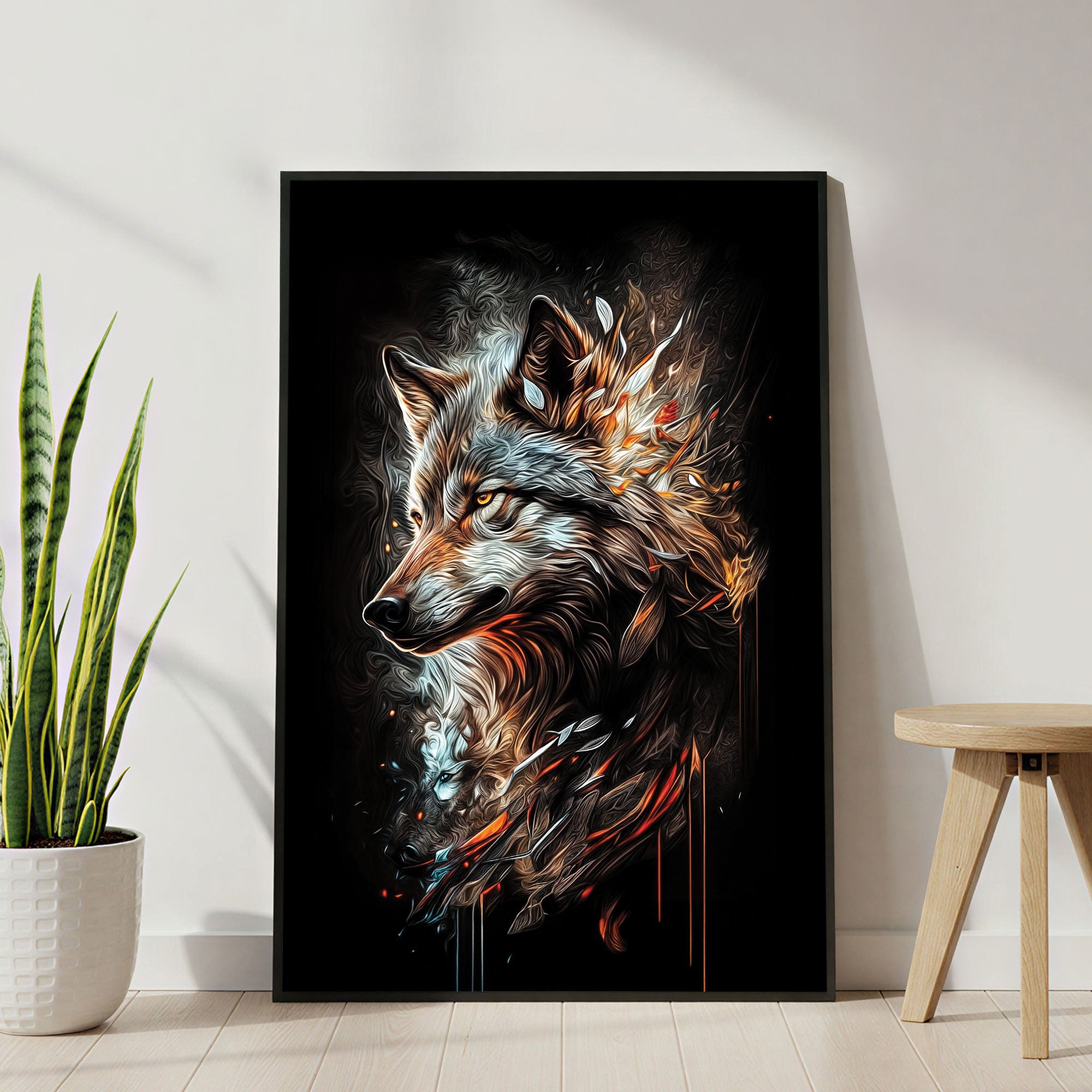 The Castle Decor Wolf Fire Spirit Wall Art, Powerful Wildlife Abstract Artwork with Premium Sparkle Finish, 20×30 Inch Wall Décor for Bedroom & Office