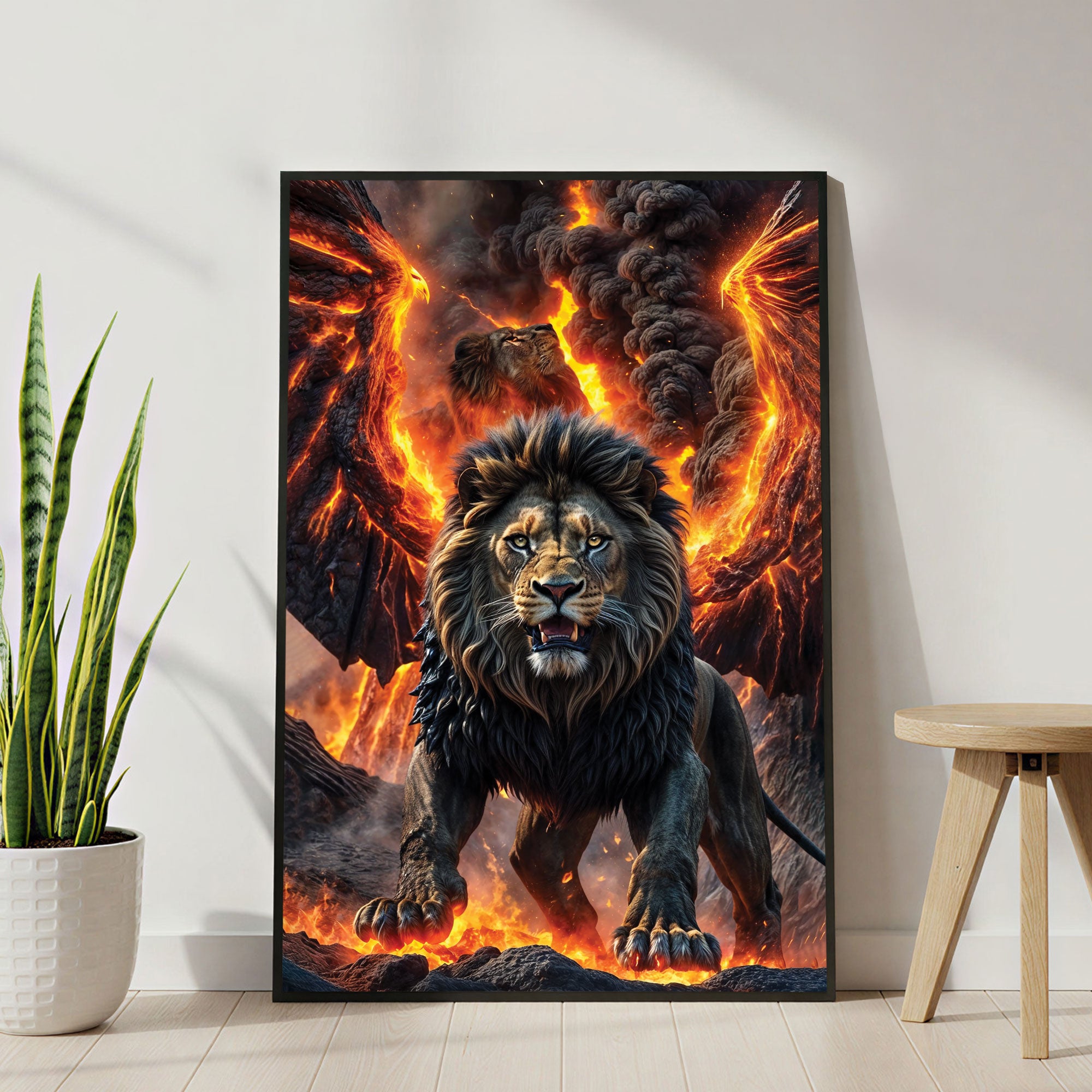 The Castle Decor Fire Lion Power Wall Art Poster, Fierce Wildlife Fantasy Artwork with Premium Sparkle Finish, 20×30 Inch Wall Décor for Living Room & Office
