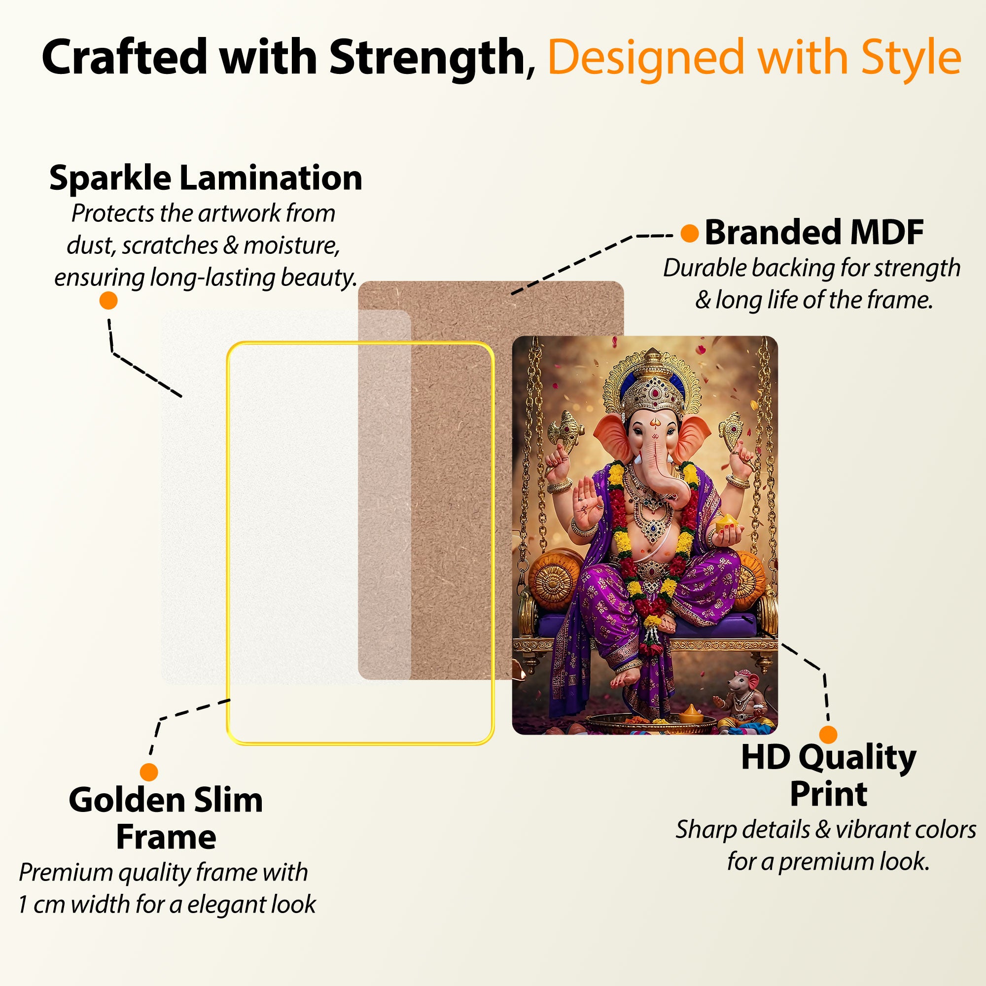 The Castle Decor Ganpati Bappa Wall Painting (20x30 Inch) | Sparkle Laminated Ganesha Art | Golden Slim Frame with MDF | Hindu God Decorative Photo for Home, Mandir & Gift | Spiritual Wall Decor