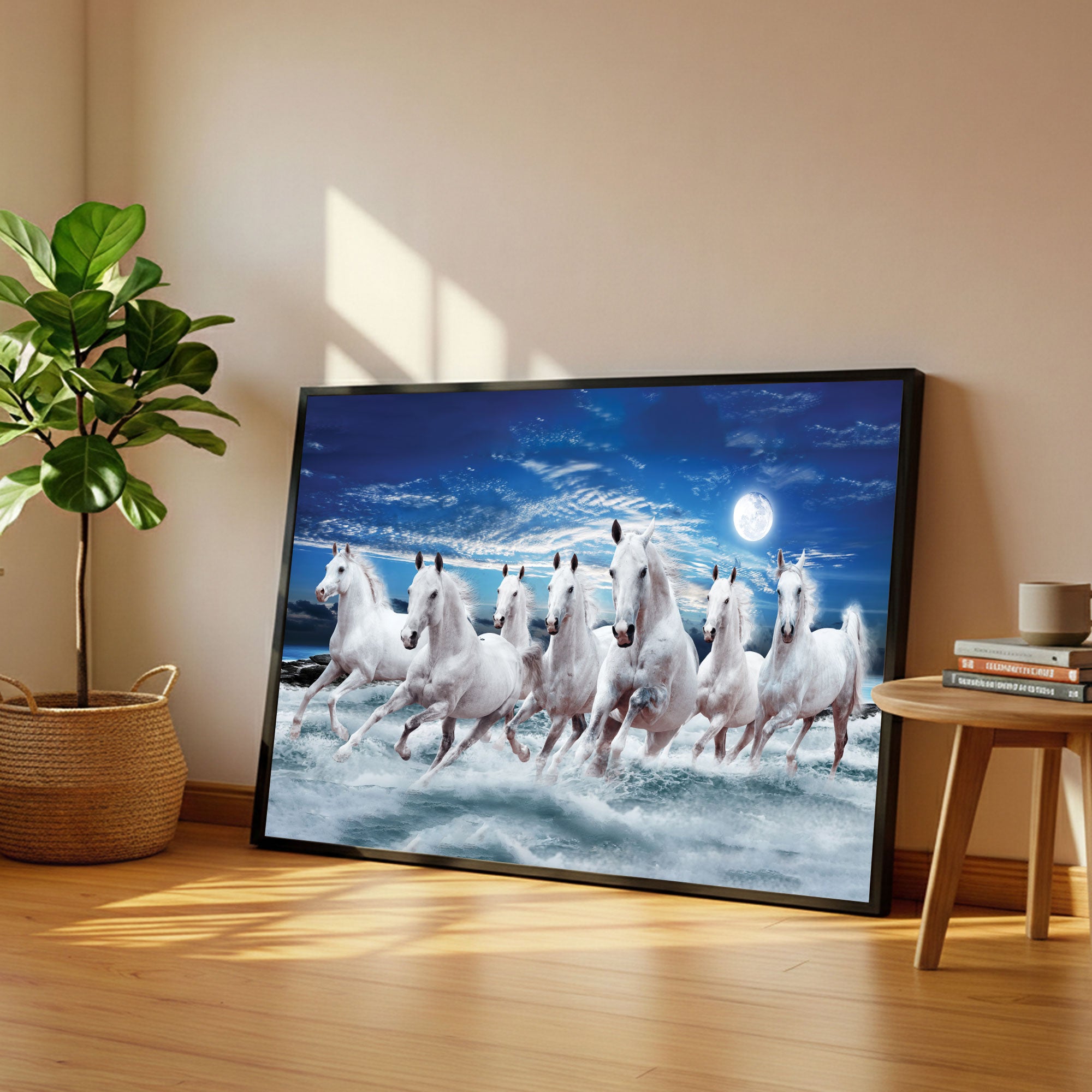 The Castle Decor 7 Running White Horses Wall Painting, Sunrise Sunset Theme, Vastu Wall Art for Living Room, Office, Bedroom Decor 20X30  inch -1006