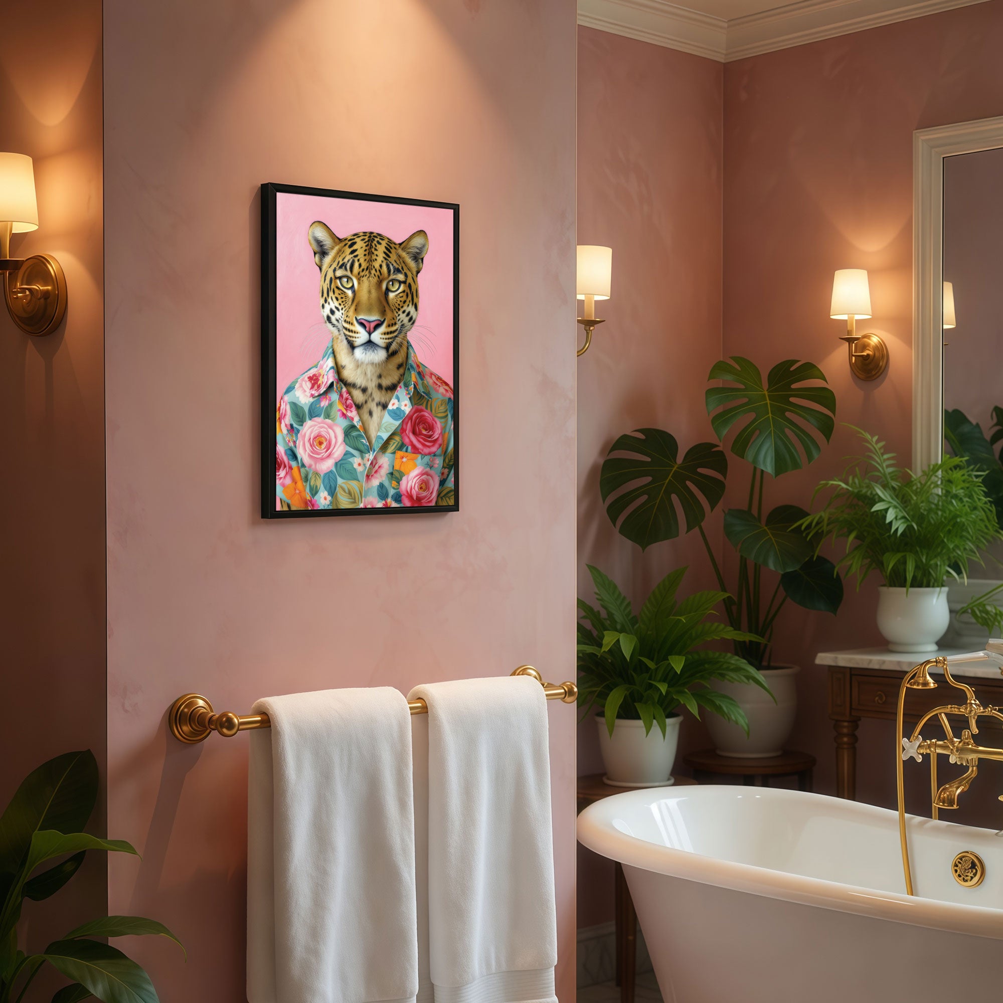 The Castle Decor Stylish Leopard in Floral Hawaiian Shirt Framed Wall Art – Cool Jungle Wild Cat Portrait Framed Poster, Vibrant Pink Bathroom & Living Room Wall Decor