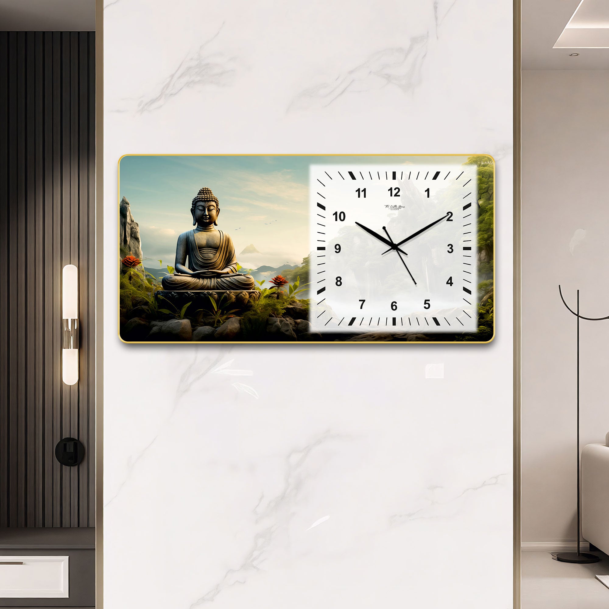 The Castle Decor Buddha Meditation Decorative Wall Clock 24x12 Inch, Silent Sweep Non-Ticking Modern Wall Clock with Golden Slim Frame
