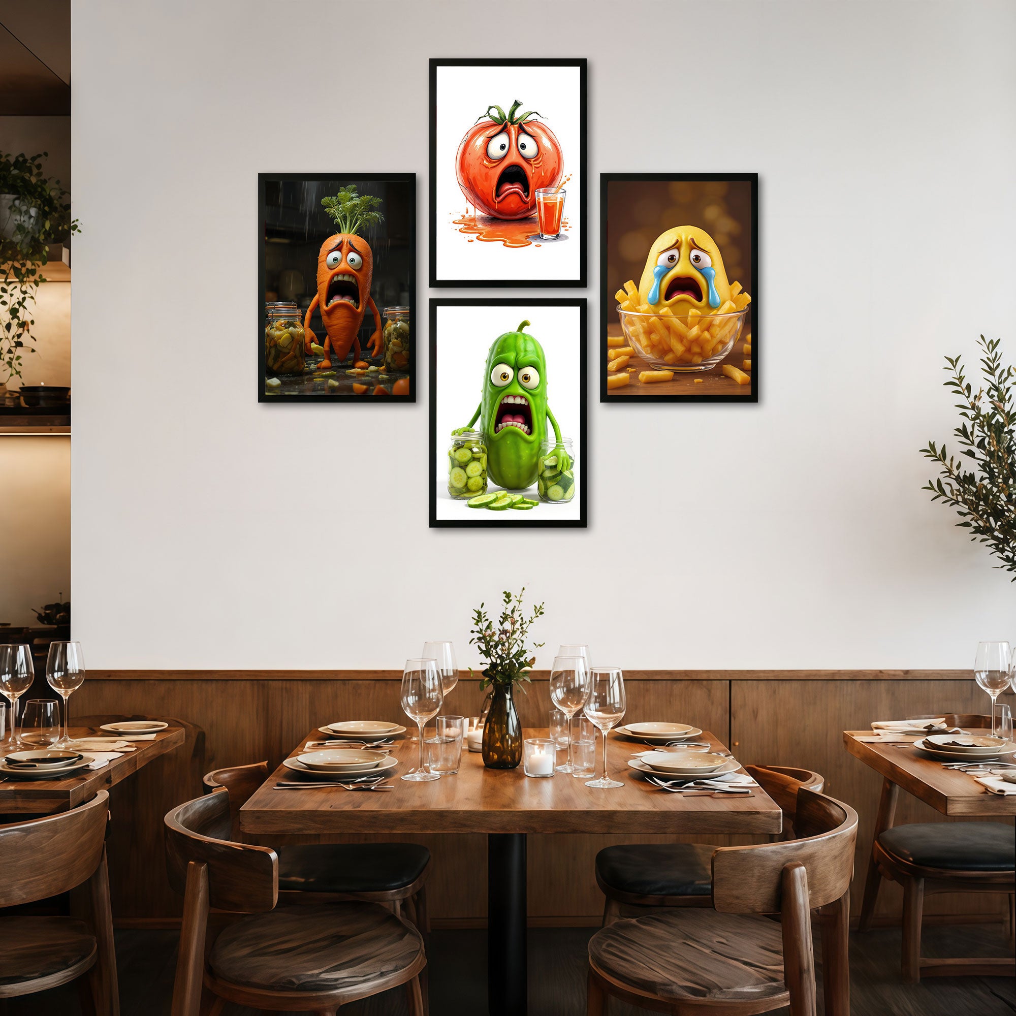 The Castle Decor Funny Kitchen Wall Art Set of 4 Frame | Cartoon Food Characters Decor | Sparkle Lamination Finish with Premium Fiber Frame for Kitchen & Café