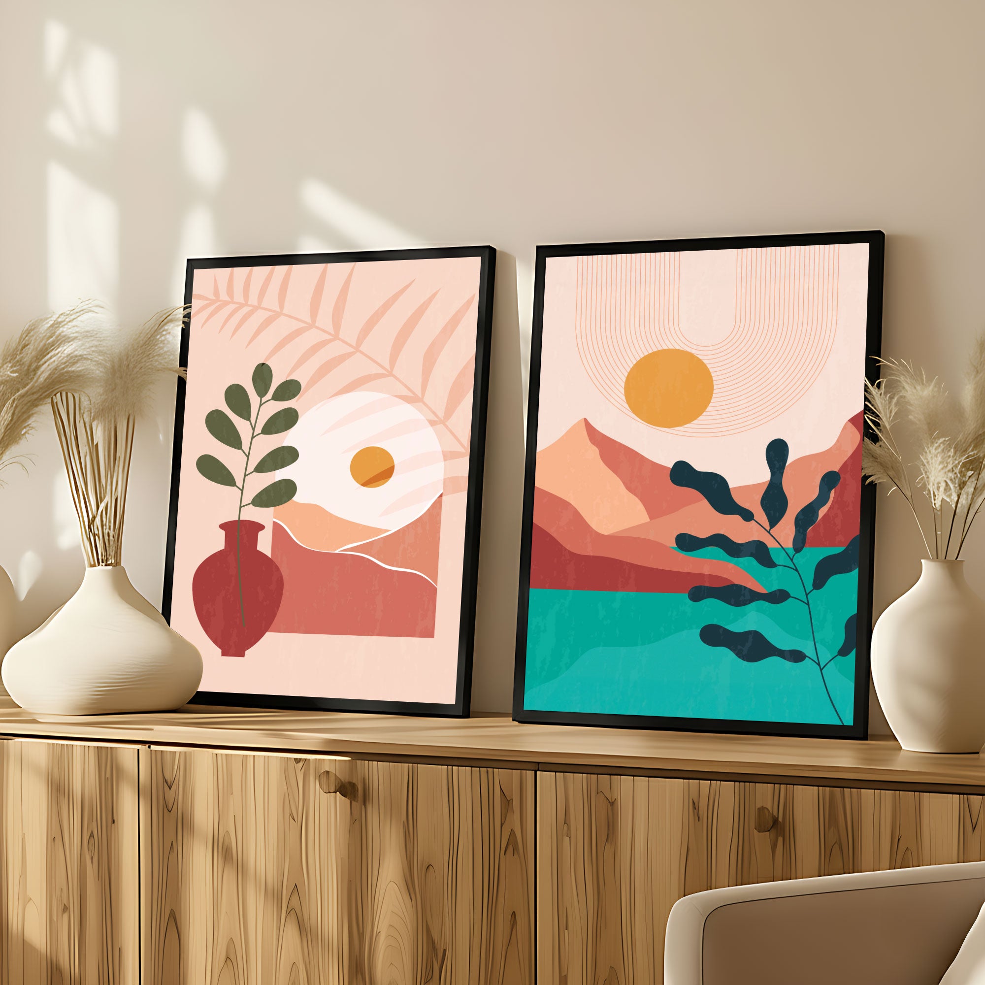 The Castle Decor Boho Wall Art for Living Room Big Size | Framed Abstract Botanical Paintings for Living Room & Bedroom | Modern Home Decoration & Perfect Gifting Option | Set of 2 (11×17 Inch Each)1
