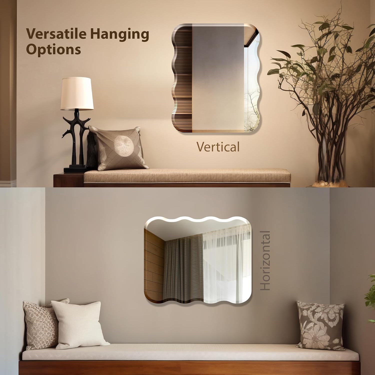 The Castle Decor Wave Glass Mirror for Bathroom Wall, Frameless 5mm Silver Glass Mirror with Beveled Edges, 18x24 Inch