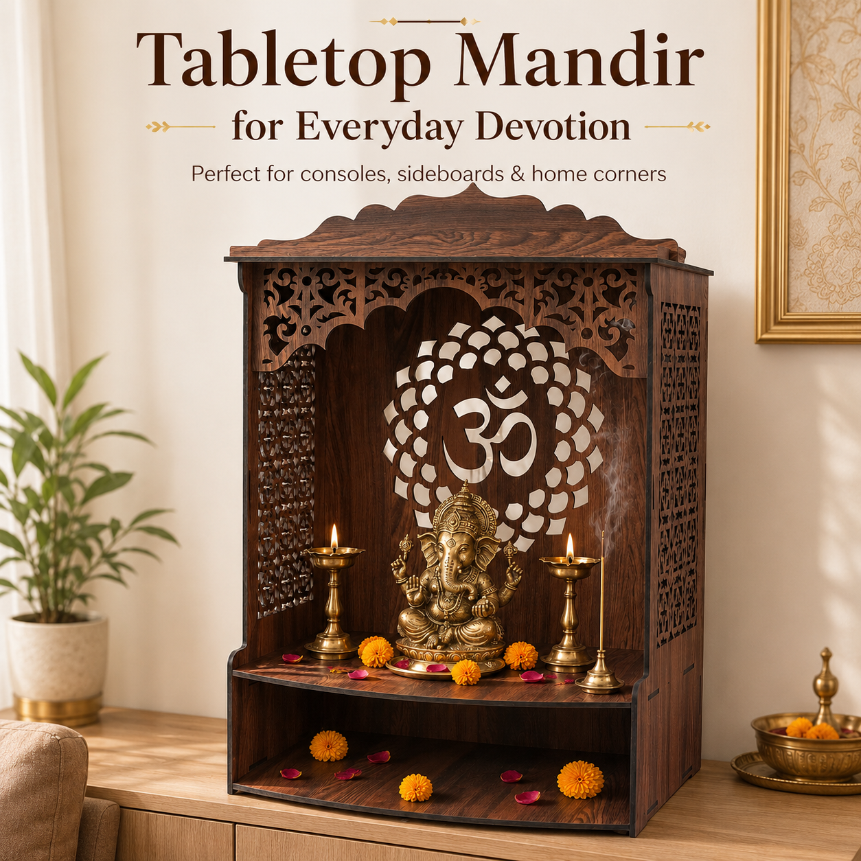 The Castle Decor Wooden Mandir for Home, Wall Hanging & Tabletop Pooja Temple with Om Cutwork Back Panel, Open Storage Shelf, Mandir for Pooja Room, Office, Hostel & Apartment, 16.5 x 24.5 x 10.5 Inch
