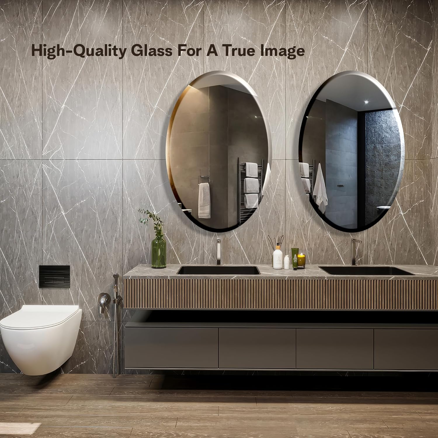 The Castle Decor Oval Glass Mirror for Bathroom Wall, Frameless 5mm Silver Glass Mirror with Beveled Edges, 18x24 Inch