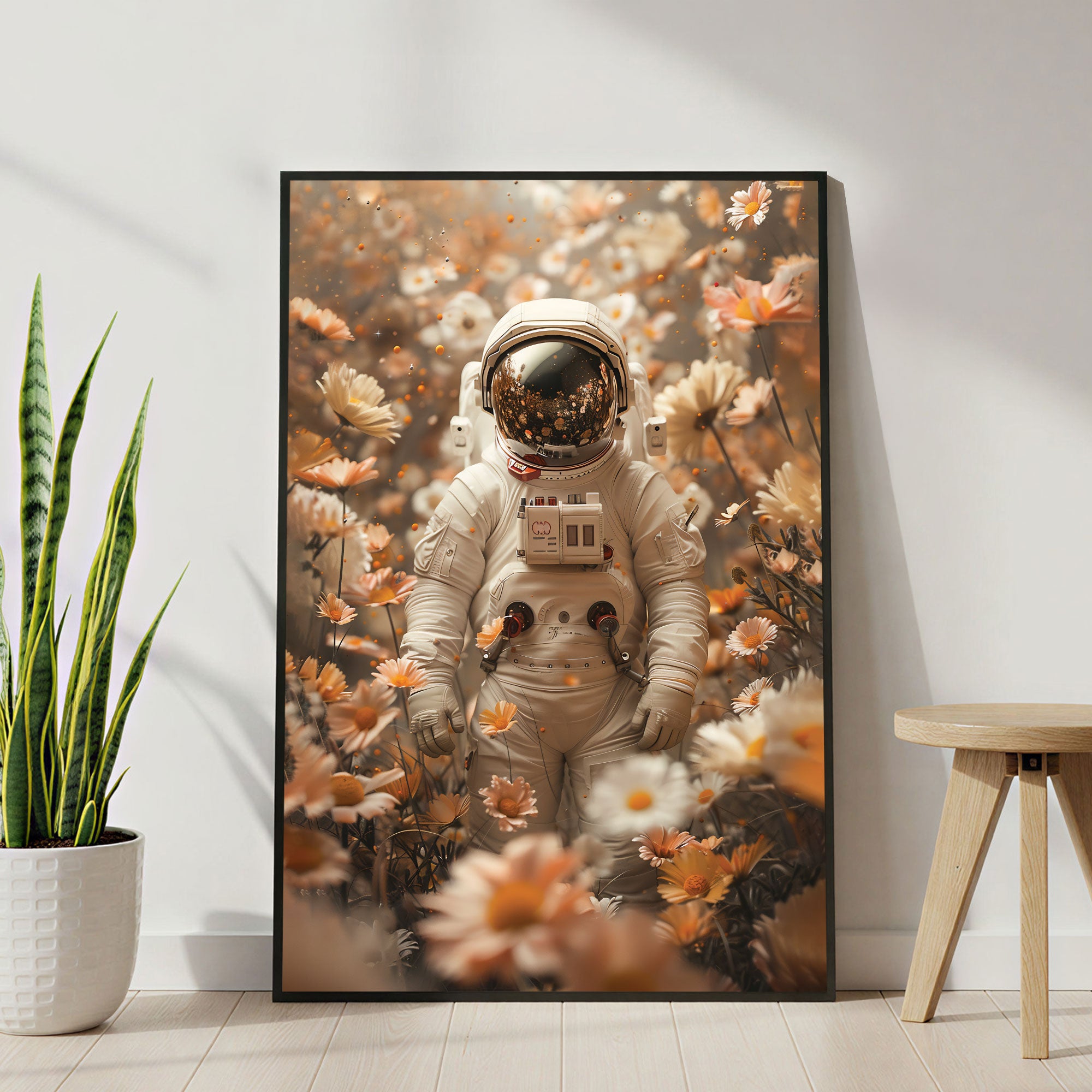 The Castle Decor Astronaut Floral Wall Art Poster, Surreal Space and Nature Artwork with Luxury Sparkle Finish, 20×30 Inch Wall Décor for Bedroom & Living Room