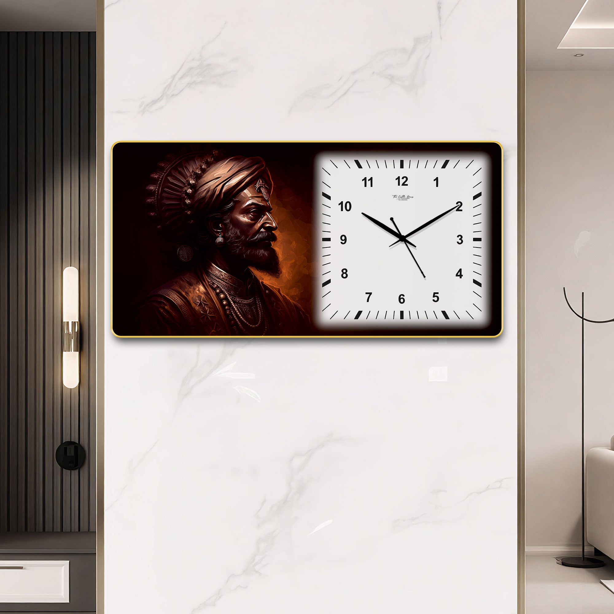 The Castle Decor Chhatrapati Shivaji Maharaj Decorative Wall Clock 24x12 Inch, Silent Sweep Non-Ticking Modern Wall Clock with Golden Slim Frame