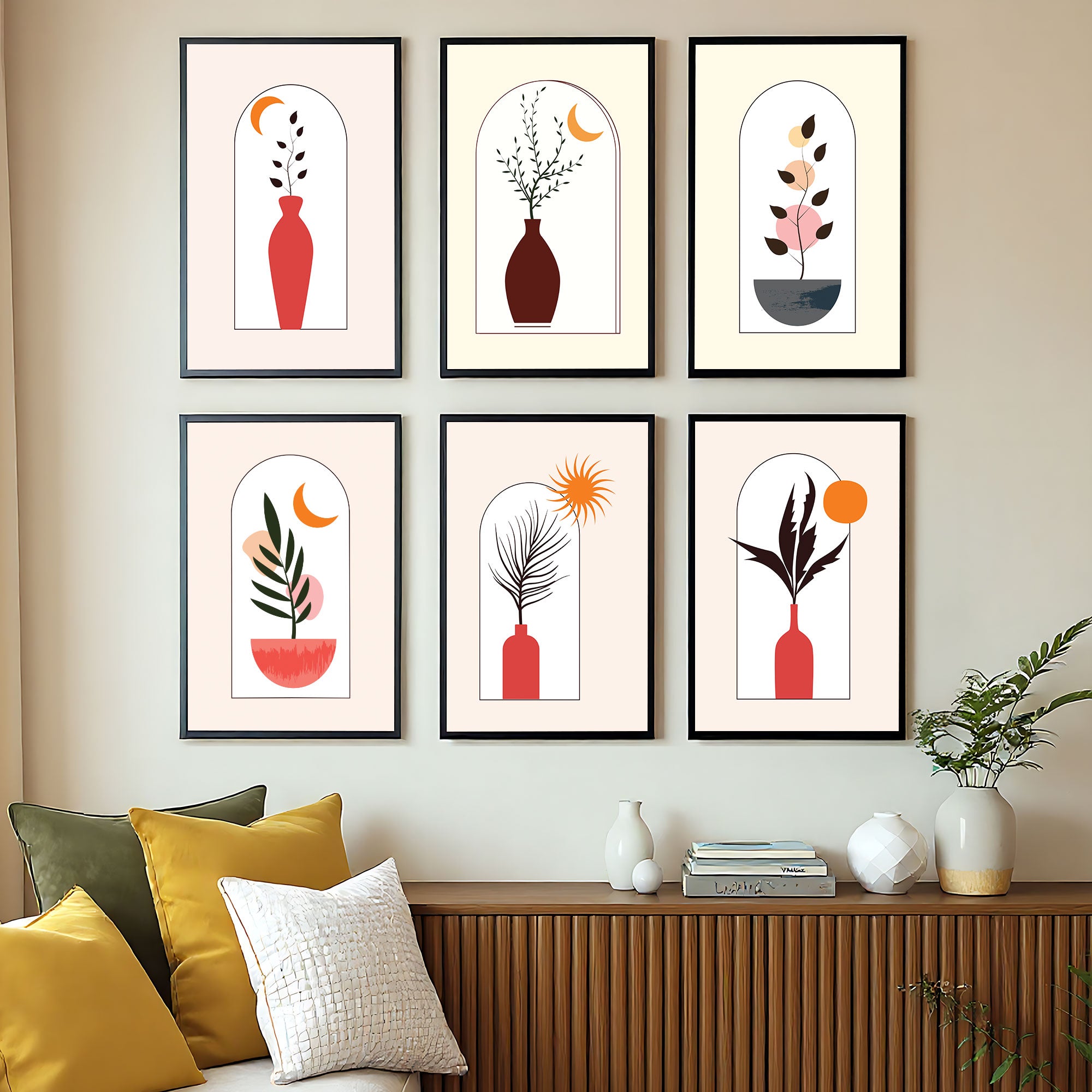 The Castle Decor Boho Wall Art for Living Room Big Size | Framed Abstract Botanical Paintings for Living Room & Bedroom | Modern Home Decoration & Perfect Gifting Option | Set of 6 (11×17 Inch Each)5