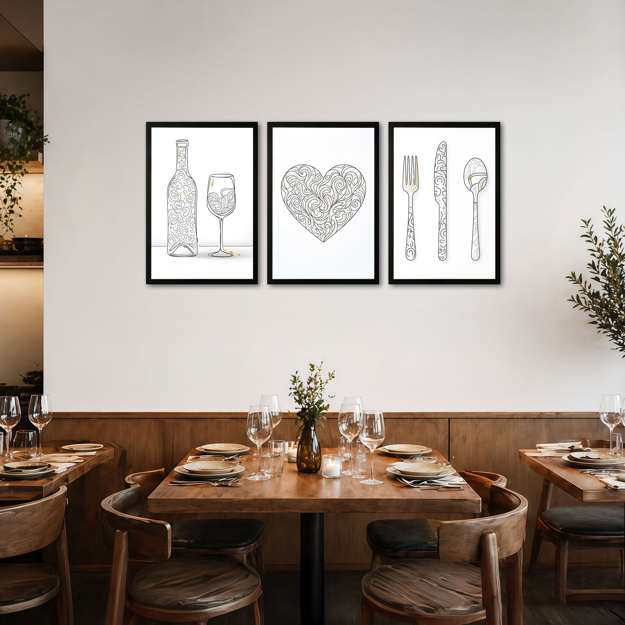 The Castle Decor Minimal Kitchen Wall Art Set of 3 Frame | Wine, Heart & Cutlery Line Art Decor | Sparkle Lamination Finish with Premium Fiber Frame for Dining
