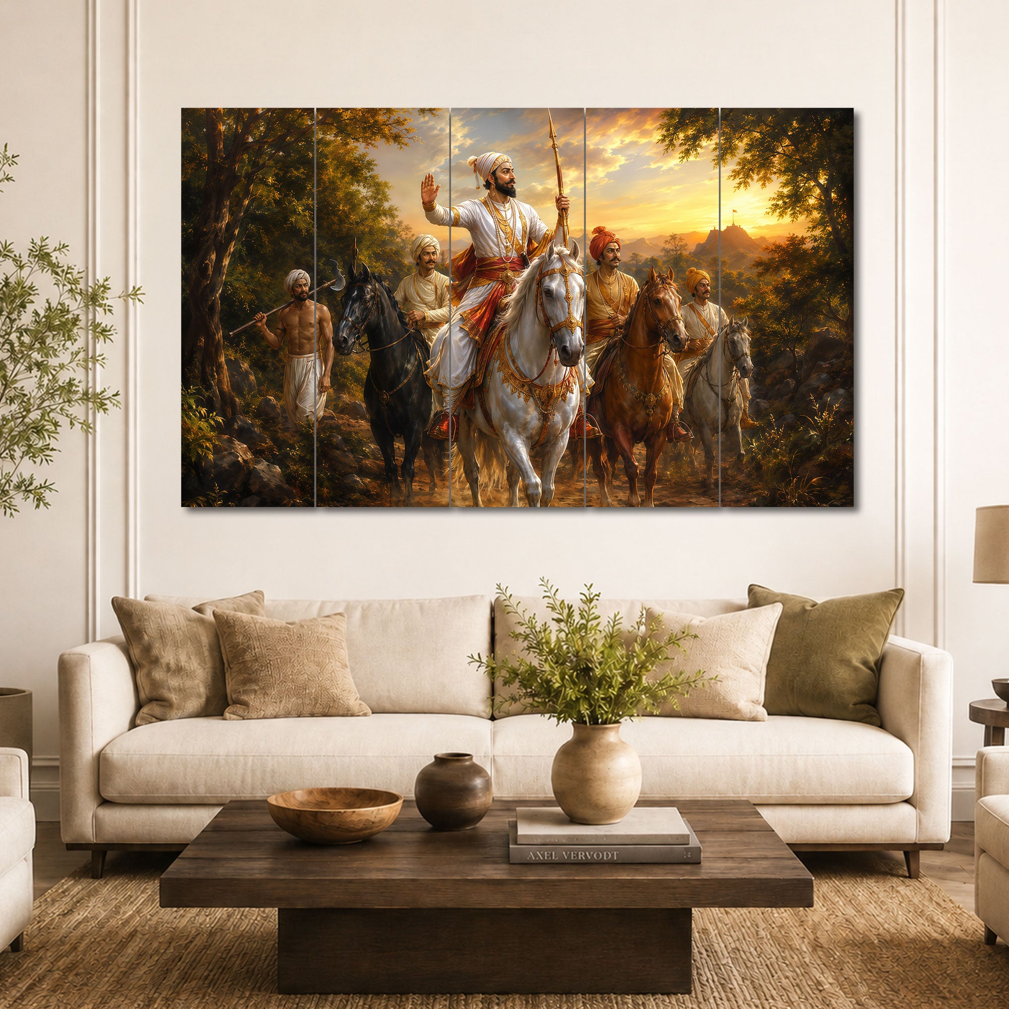 The Castle Decor Chhatrapati Shivaji Maharaj Horse Ride 5 Panel Sparkle Finish MDF Wall Painting  Maratha Warrior Home Office Decoration
