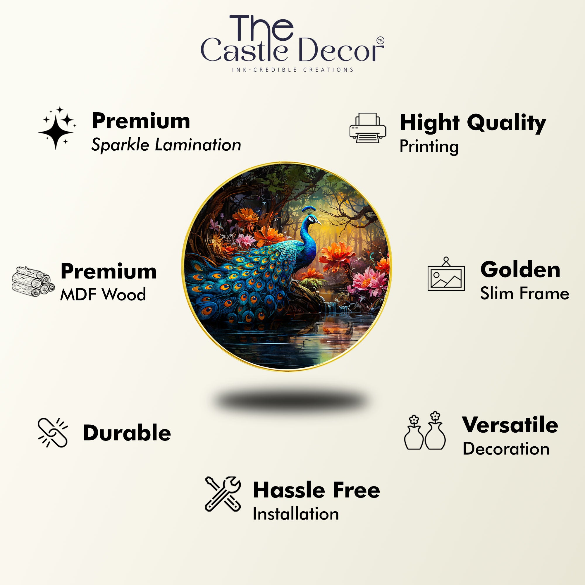 The Castle Decor Vastu Peacock Wall Art Painting | Round Frame Hanging for Home Decoration, Living Room, Office, Hotel & Gift Option