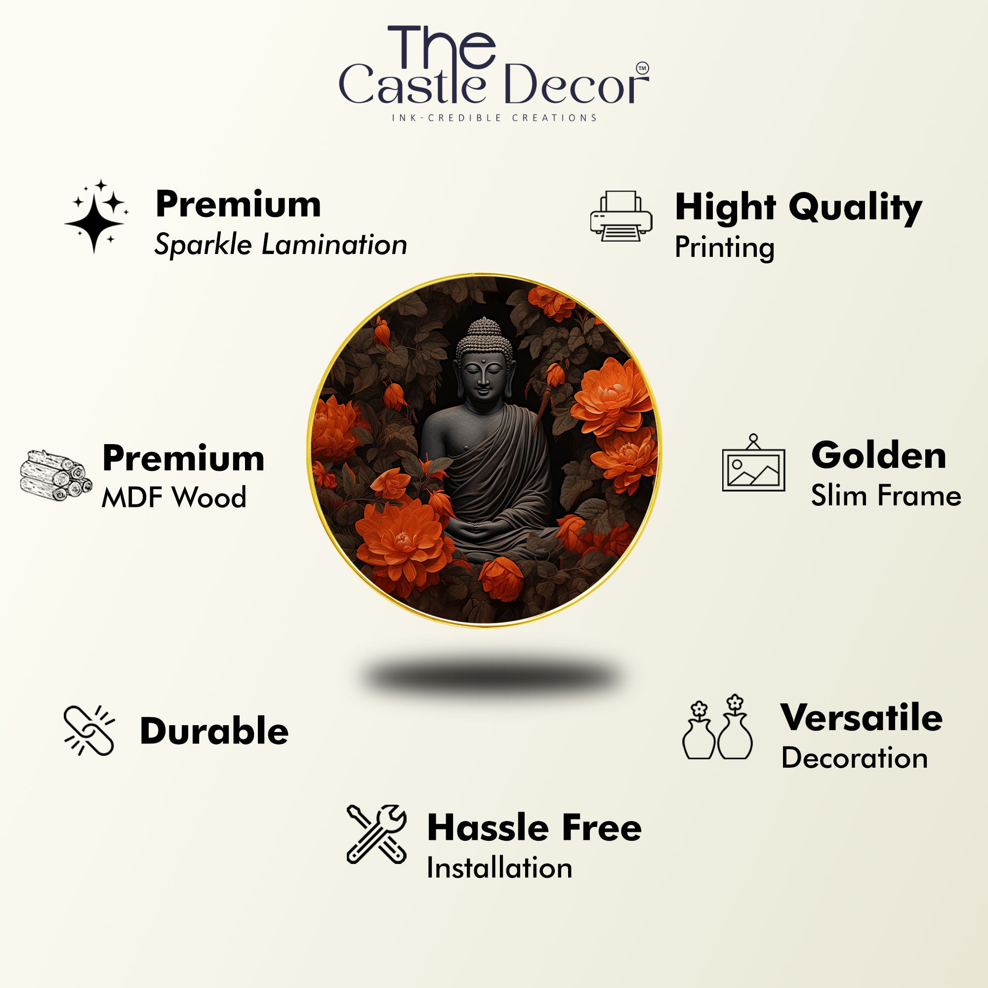 The Castle Decor Buddha Round Wall Art Painting | Golden Slim Frame Meditation Décor for Living Room, Bedroom, Office & Gift