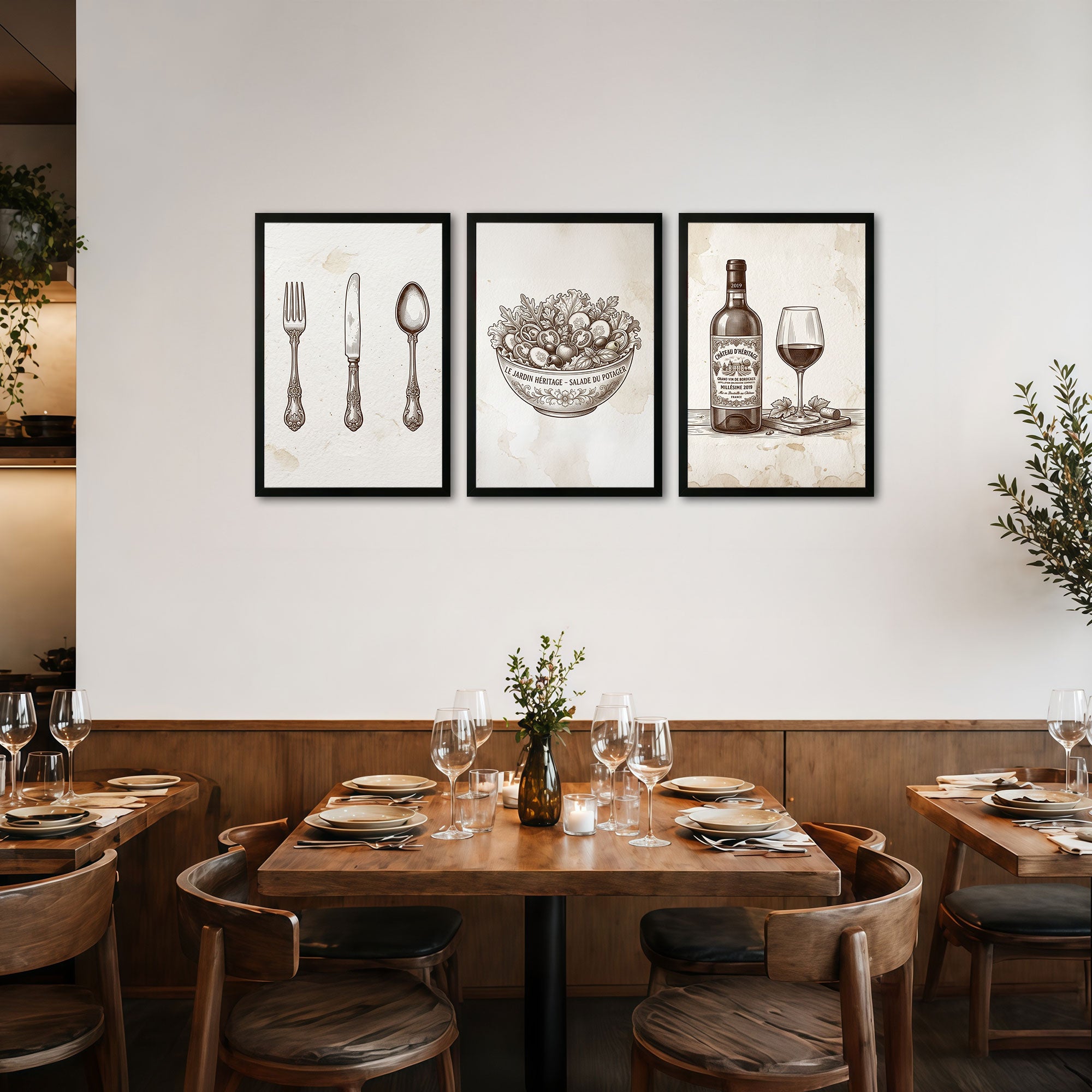 The Castle Decor Vintage Kitchen Wall Art Set of 3 Frame | Sparkle Lamination MDF Painting with Premium Fiber Frame for Dining & Kitchen Decor