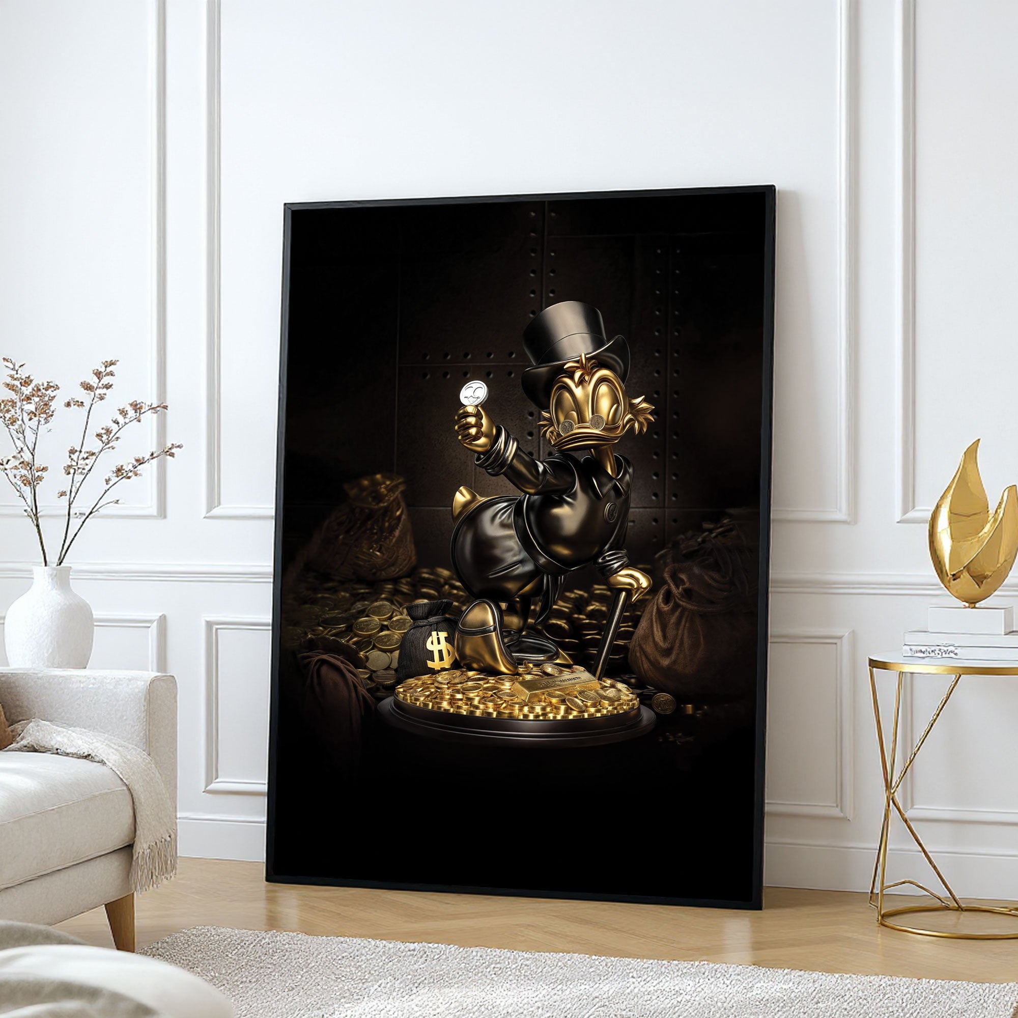 The Castle Decor Golden Billionaire Duck Wall Art, Luxury Cartoon Wealth Abstract Artwork with Premium Sparkle Finish, 20×30 Inch Wall Décor for Office & Man Cave