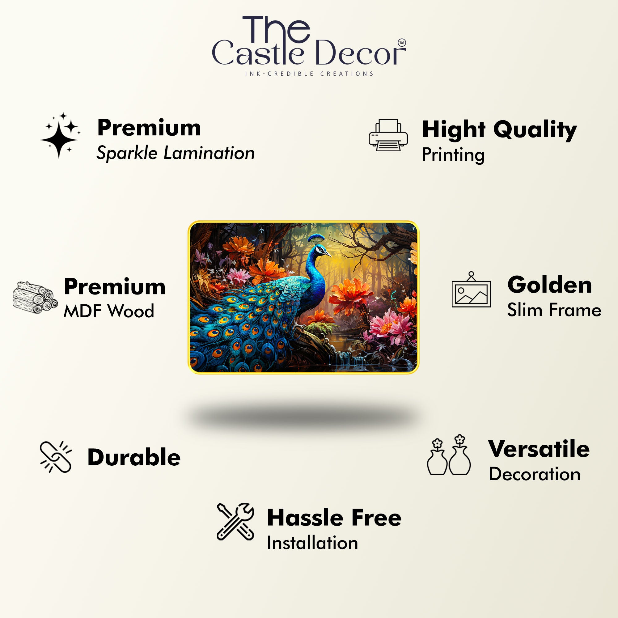 The Castle Decor Vastu Peacock Wall Painting with Wooden Frame | Colorful Nature Art for Positive Energy | Living Room, Bedroom, Hotel & Home Décor | Spiritual Gift Option