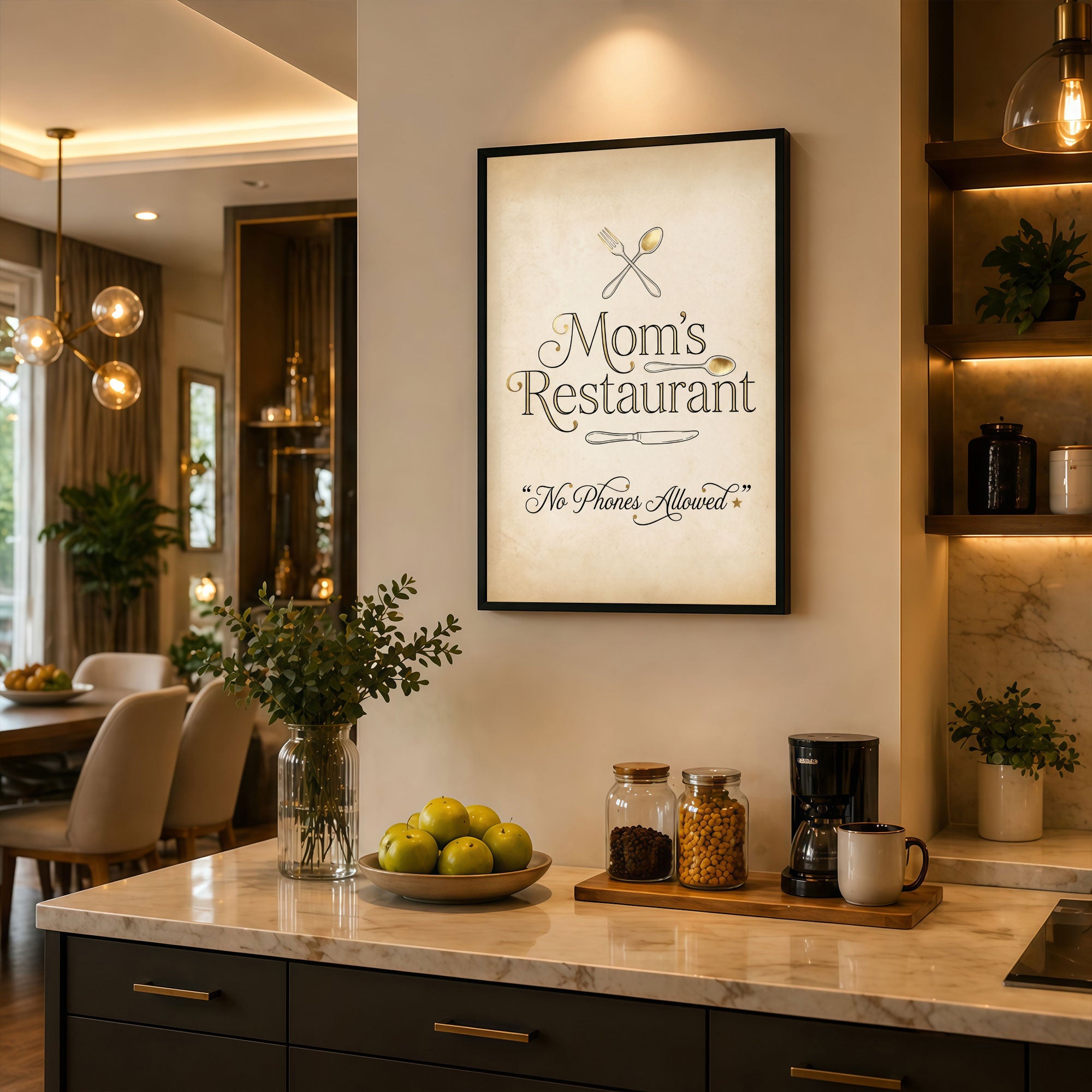 The Castle Decor Mom’s Restaurant Wall Art Frame | Kitchen Quote Wall Decor | Sparkle Finish MDF Painting with Premium Fiber Frame for Home Dining Area