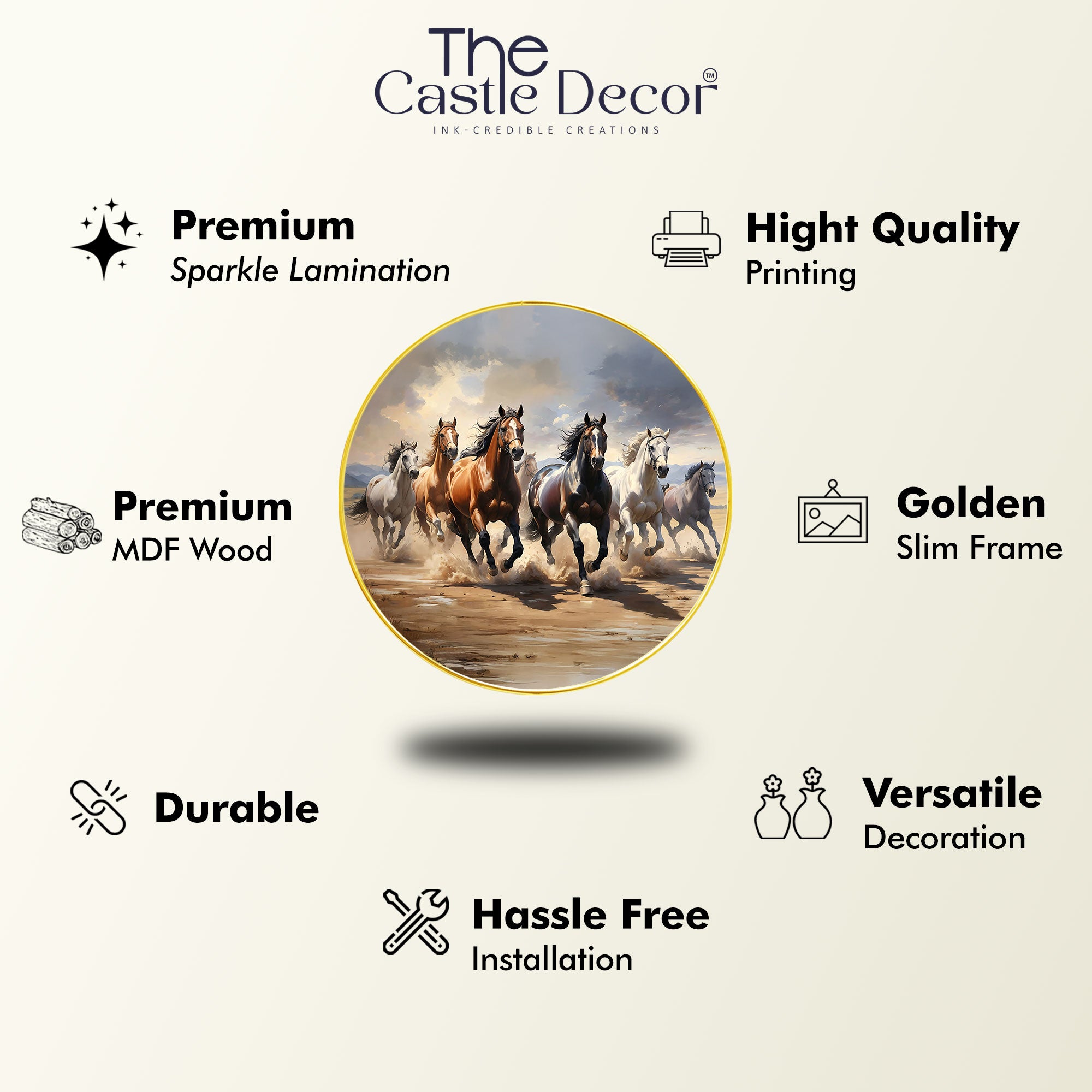 The Castle Decor Vastu 7 Running Horses Wall Décor Round | Golden Slim Frame Artwork for Home, Hotel, Living Room, Bedroom & Gift