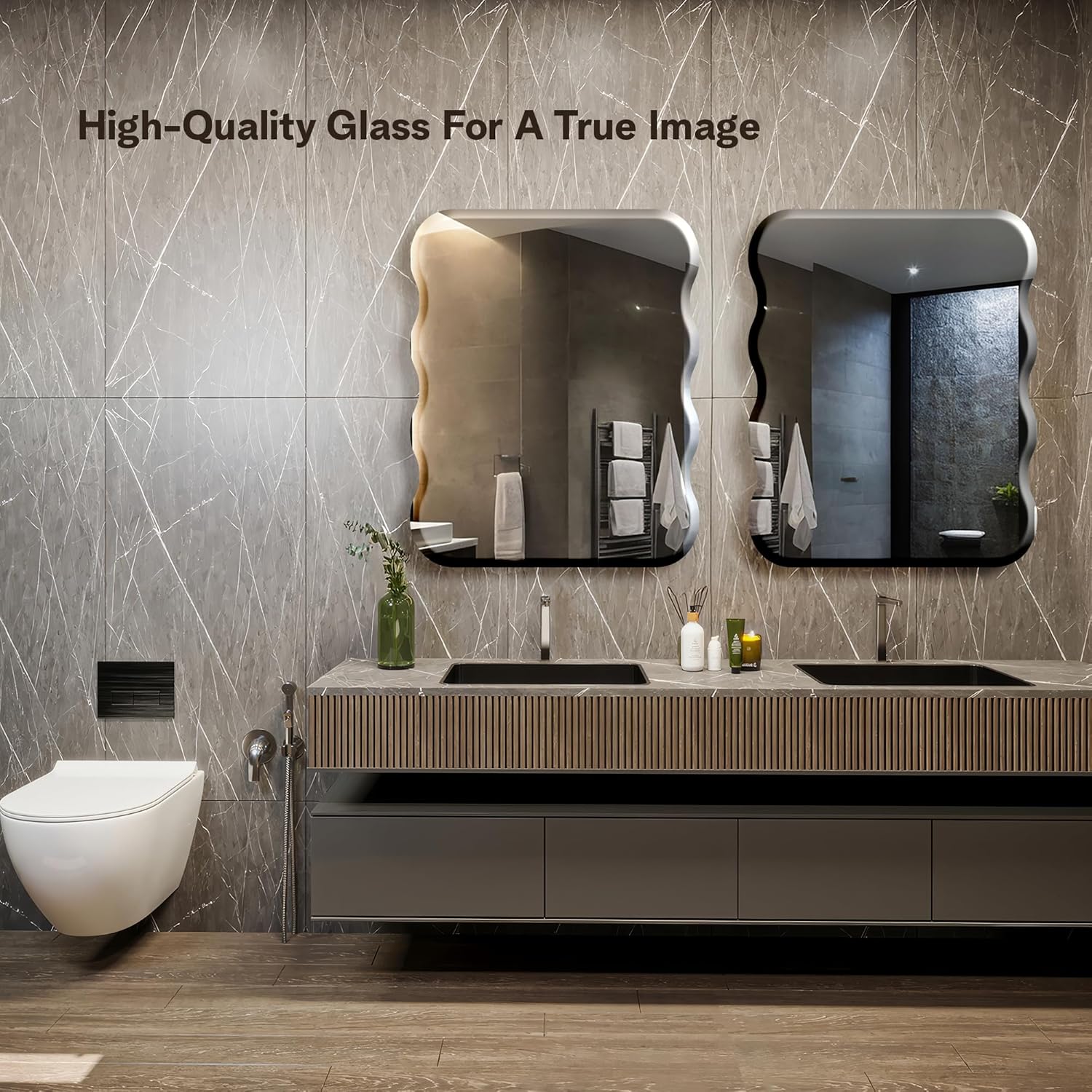 The Castle Decor Wave Glass Mirror for Bathroom Wall, Frameless 5mm Silver Glass Mirror with Beveled Edges, 18x24 Inch
