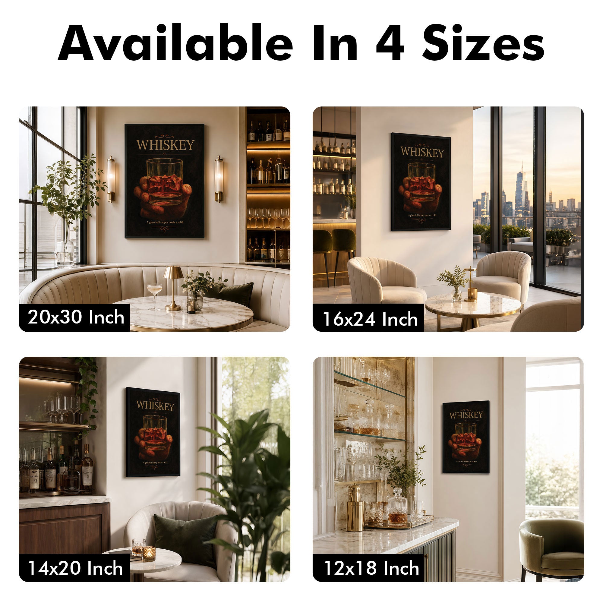 The Castle Decor Whiskey Wall Art Poster – A Glass Half Empty Needs A Refill | Vintage Bar Decor for Pub, Lounge & Home Bar