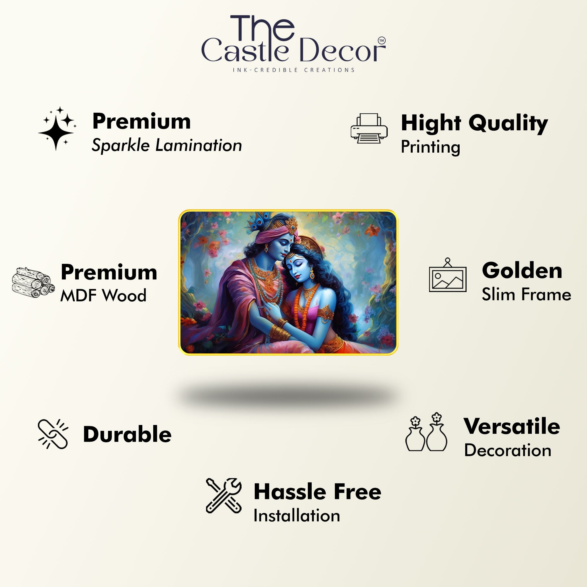 The Castle Decor Radha Krishna Wall Art Painting | Spiritual Love Artwork for Living Room, Bedroom, Office & Hotel Decoration