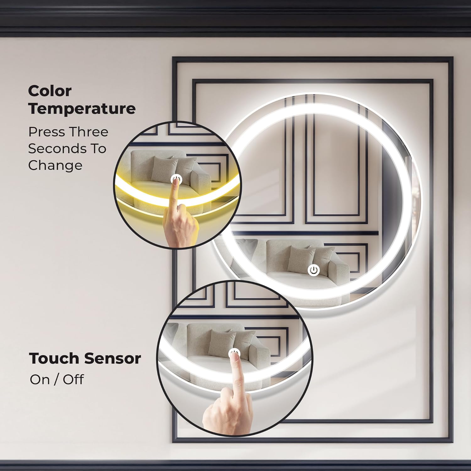 The Castle Decor Round LED Bathroom Mirror, 24 x 24 Inch, 3 Light Modes, Touch Control