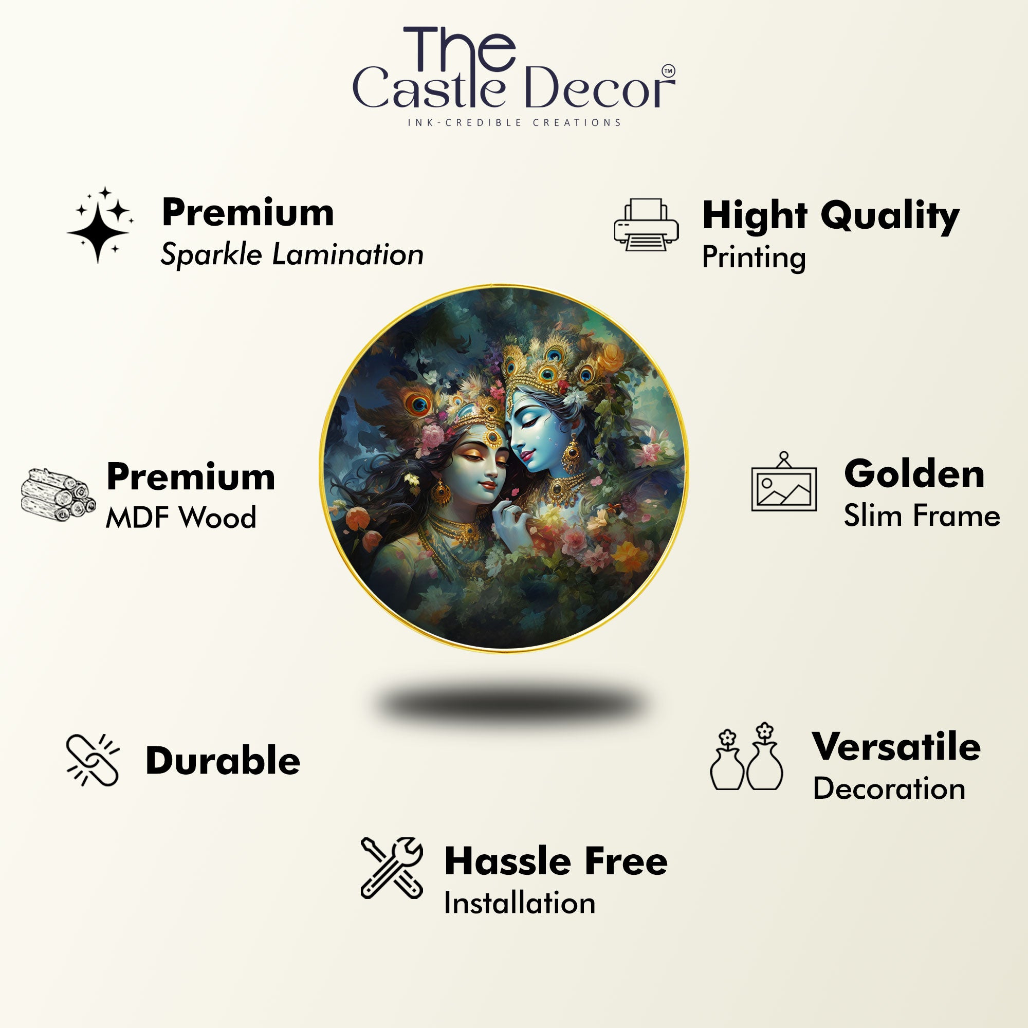 The Castle Decor Radha Krishna Wall Décor Round | Divine Love Painting with Golden Slim Frame for Living Room, Bedroom, Hotel & Gift Option