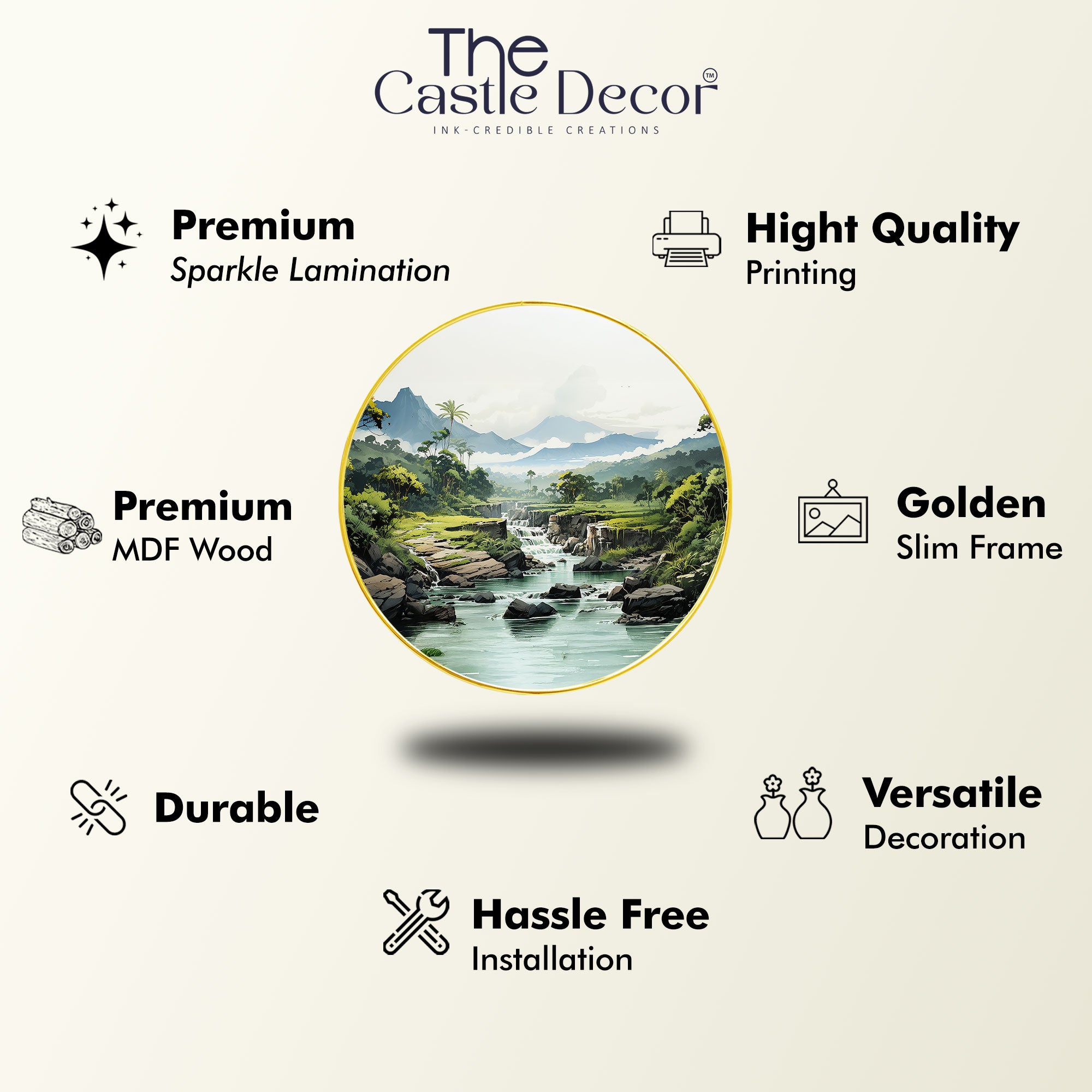 The Castle Decor Nature Waterfall Round Wall Art | Vastu Positive Energy Painting for Home, Hotel & Gift Decoration
