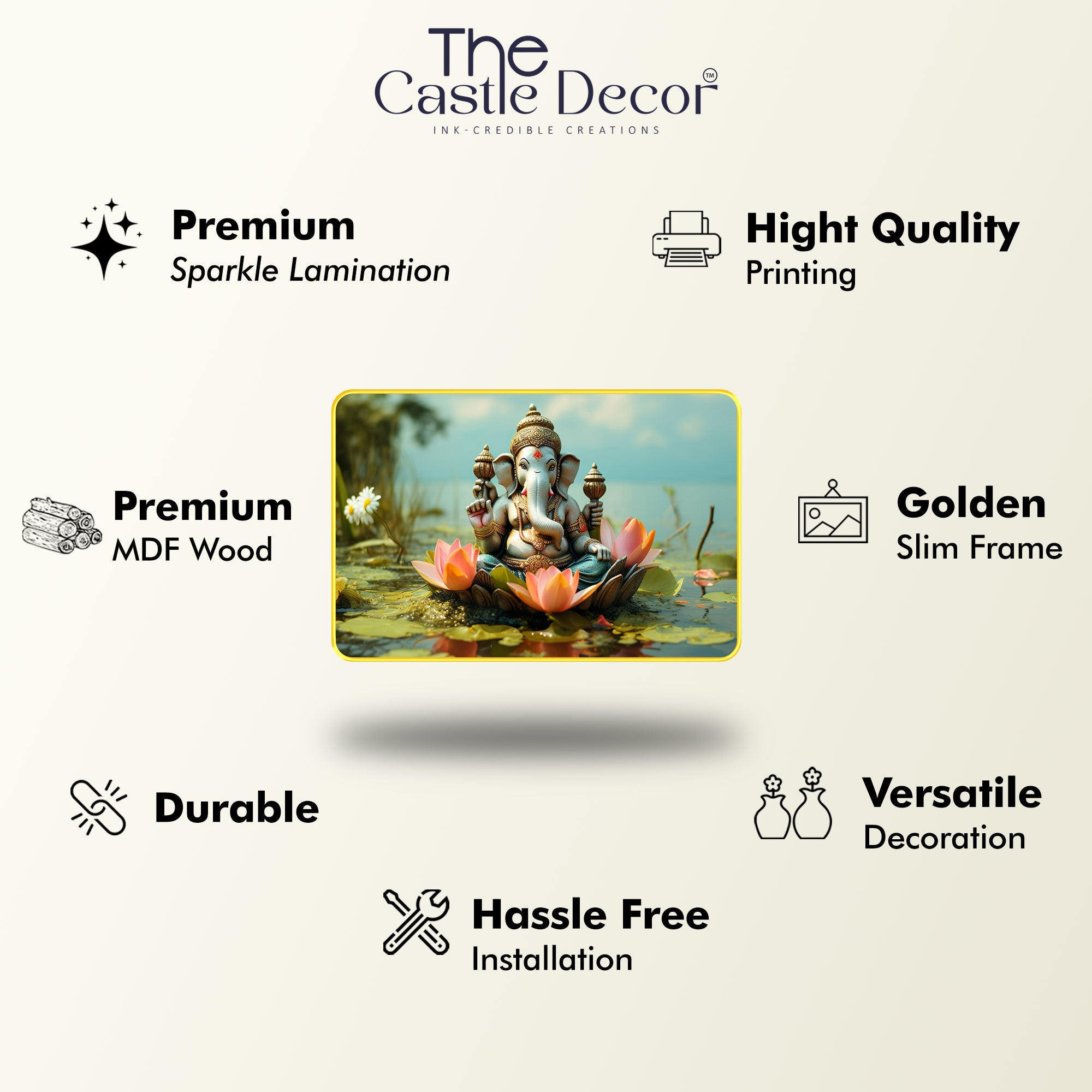 The Castle Decor Lord Ganesha Wall Art Painting with Wooden Frame | Spiritual Hindu God Décor for Living Room, Bedroom, Temple & Office | Auspicious Gift Option