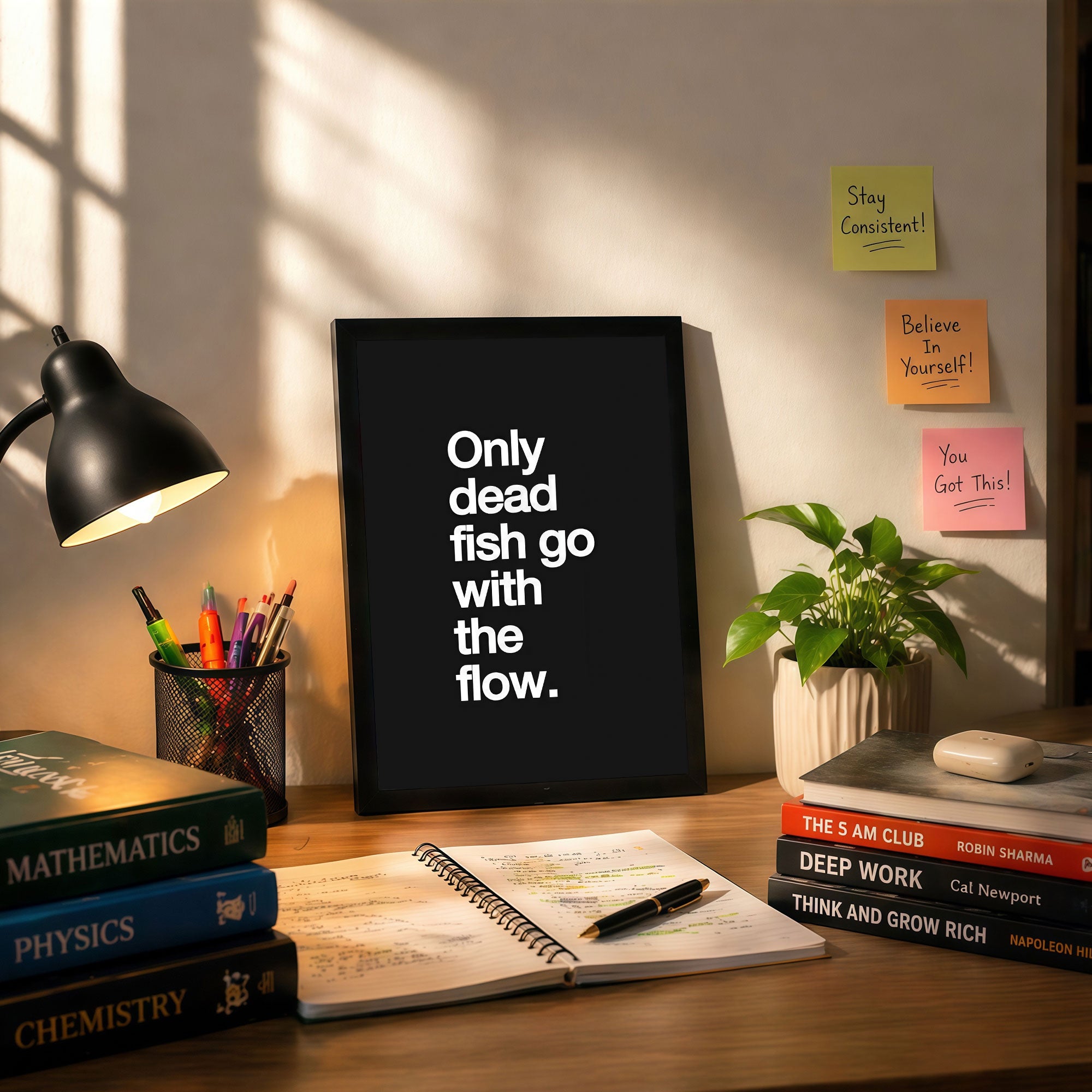 The Castle Decor Only Dead Fish Go With The Flow Wall Art Frame | Bold Motivational Quote Decor for Office & Home