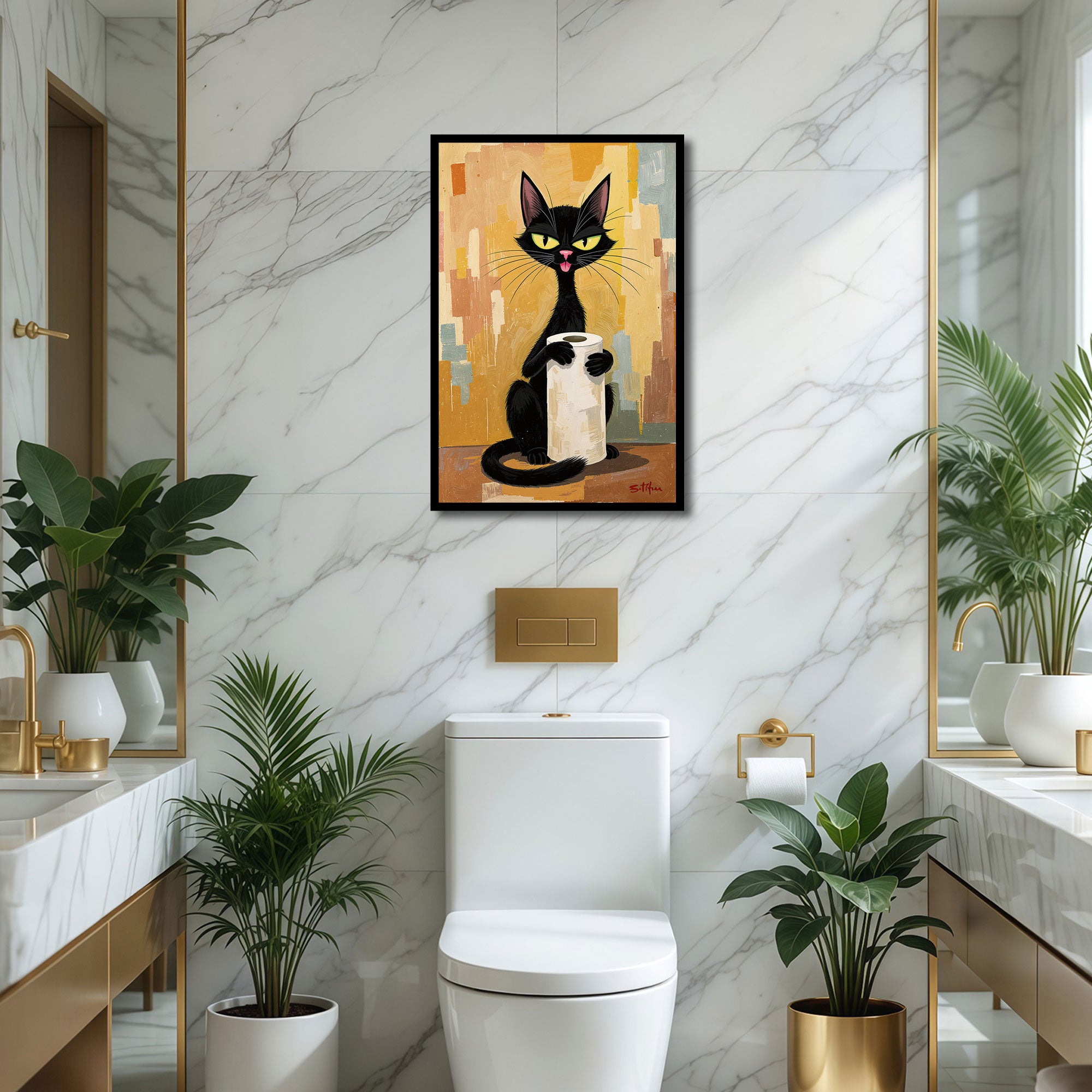 The Castle Decor Funny Black Cat Holding Toilet Paper Framed Wall Art – Mid Century Modern Retro Animal Poster, Humorous Abstract Bathroom Wall Decor for Restroom