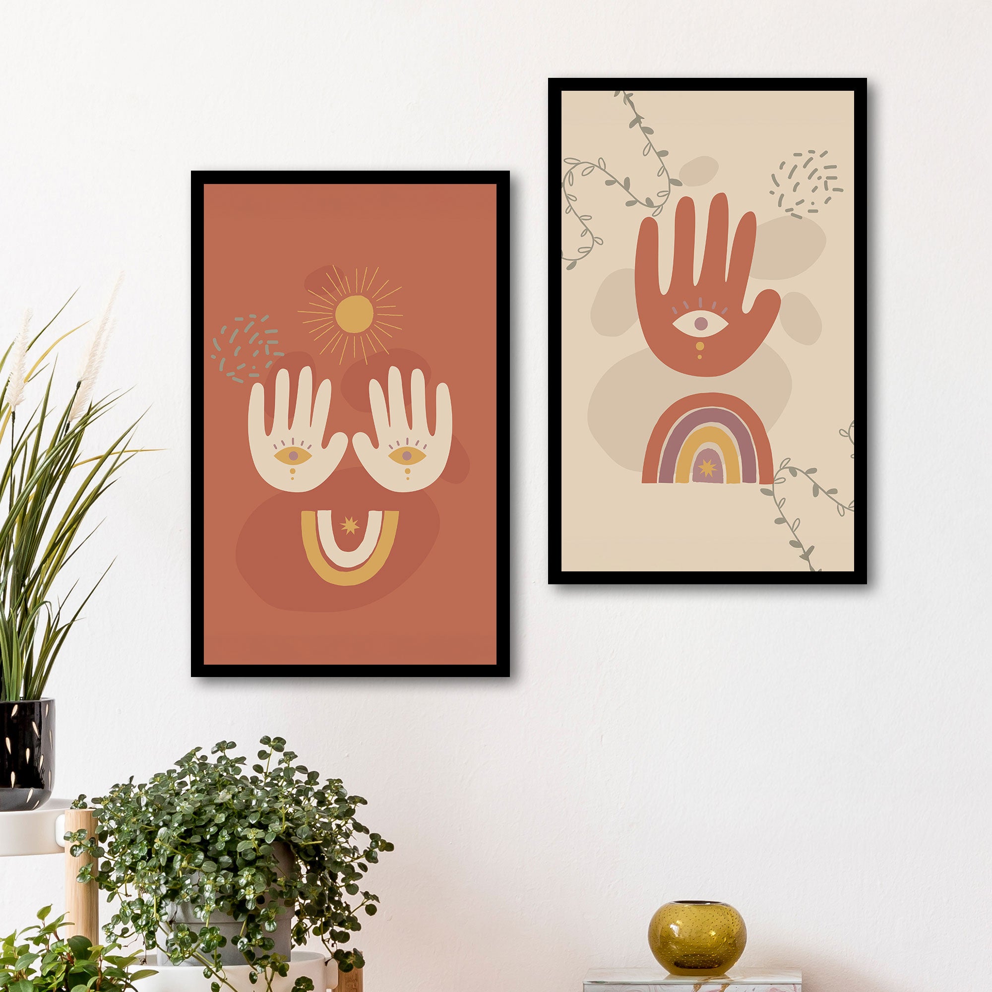 The Castle Decor Boho Wall Art for Living Room Big Size | Framed Abstract Botanical Paintings for Living Room & Bedroom | Modern Home Decoration & Perfect Gifting Option | Set of 2 (11×17 Inch Each)2