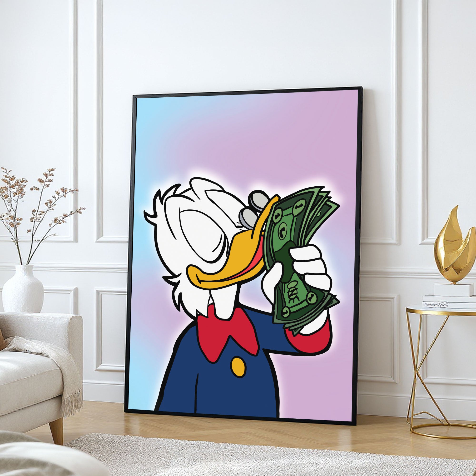 The Castle Decor Luxury Duck Money Pop Art Wall Art – Designer Cartoon Wealth Illustration with Cash Theme, Premium Sparkle Finish, 20×30 Inch Wall Décor for Office